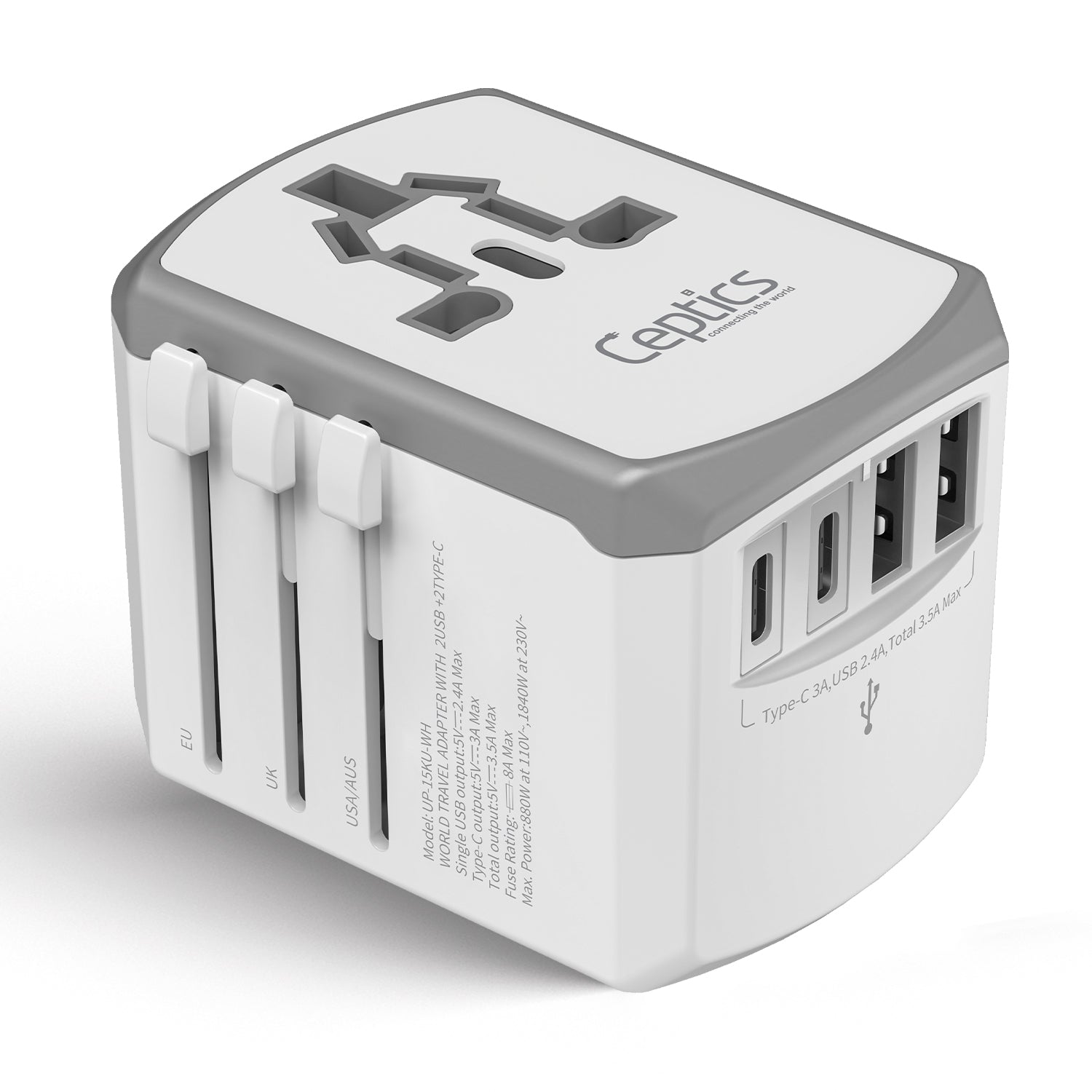 All-In-One International Travel Adapter - 5 in 1 - 2 USB-A & 2 USB-C - Max. 17.5W (3.5A) - White