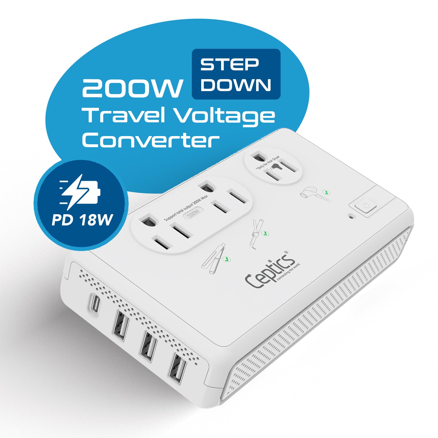 2000W Travel Voltage Converter - 2 USA outlets + Separate 2000W outlet for Hair dryers + 3 USB-A + 1 USB-C - 220V to 110V (LX-C2000-GP)