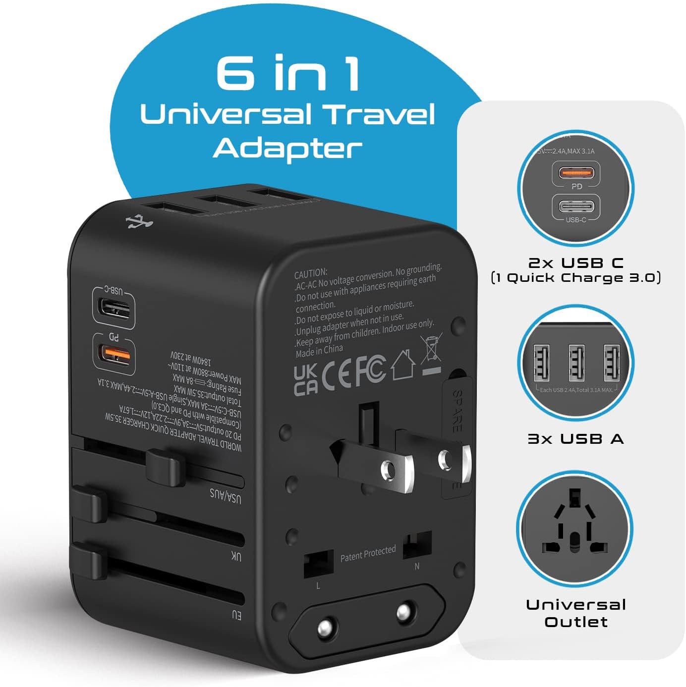 All-In-One International Travel Adapter Plug - 2 USB-C (PD & QC) - 3 USB Ports (UP-11KU)