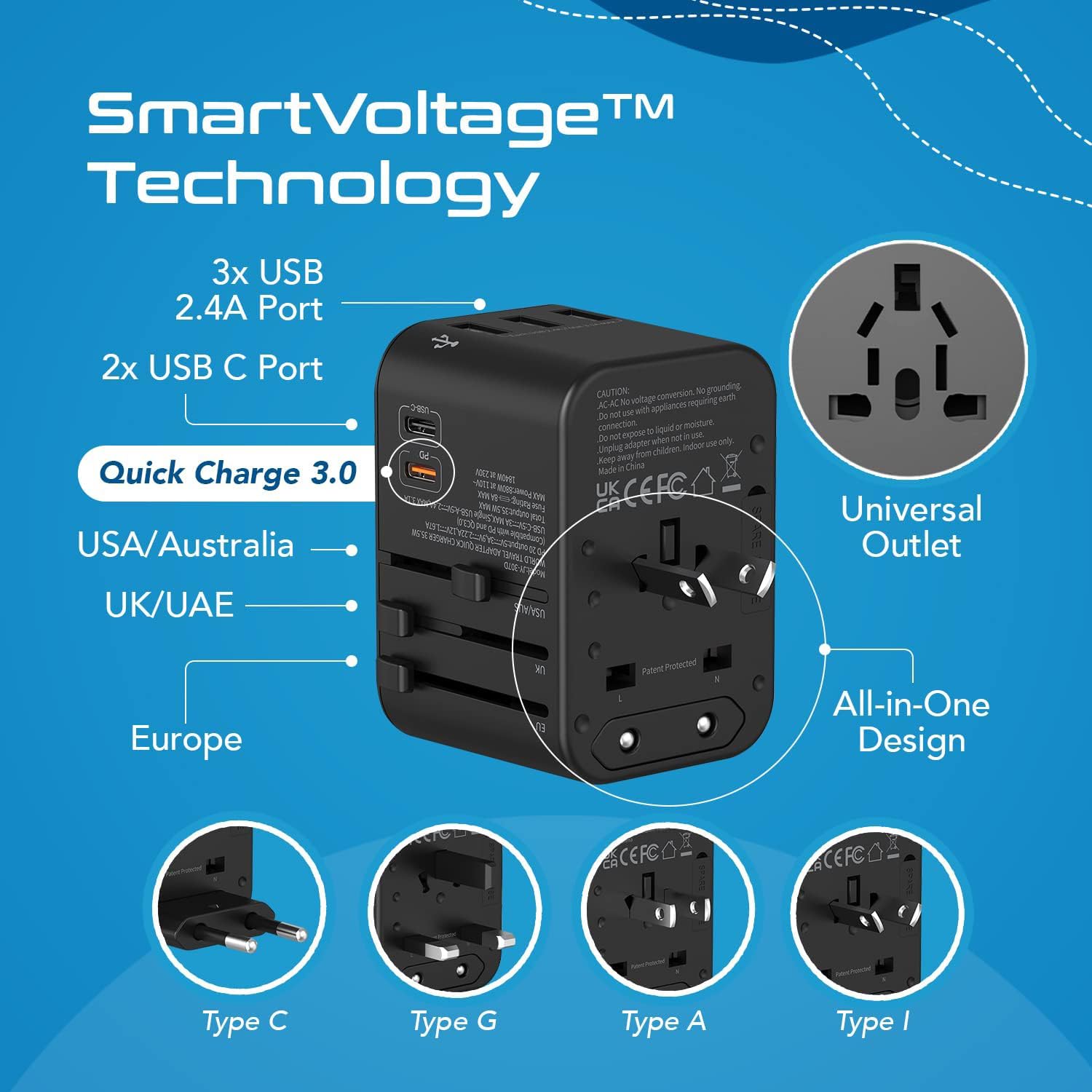 All-In-One International Travel Adapter Plug - 2 USB-C (PD & QC) - 3 USB Ports (UP-11KU)