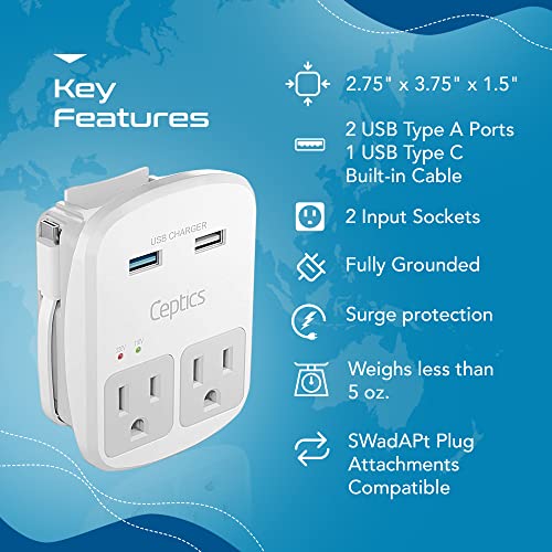 World-Way 13 Travel Adapter Kit | 2 USB + 2 US Outlets - Grounded