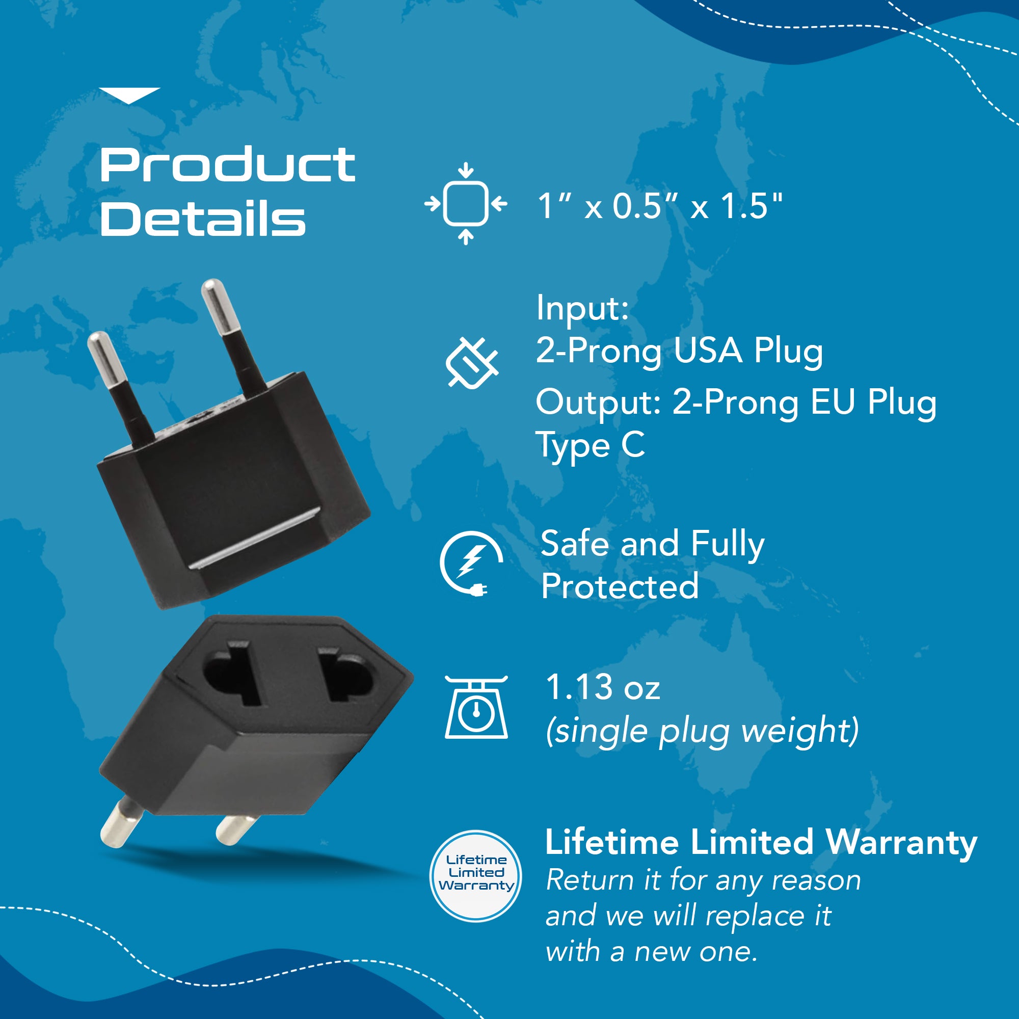 USA / N. America to Europe Asia Plug Adapter - Non-Grounded (UP-6AE, 6 Pack)