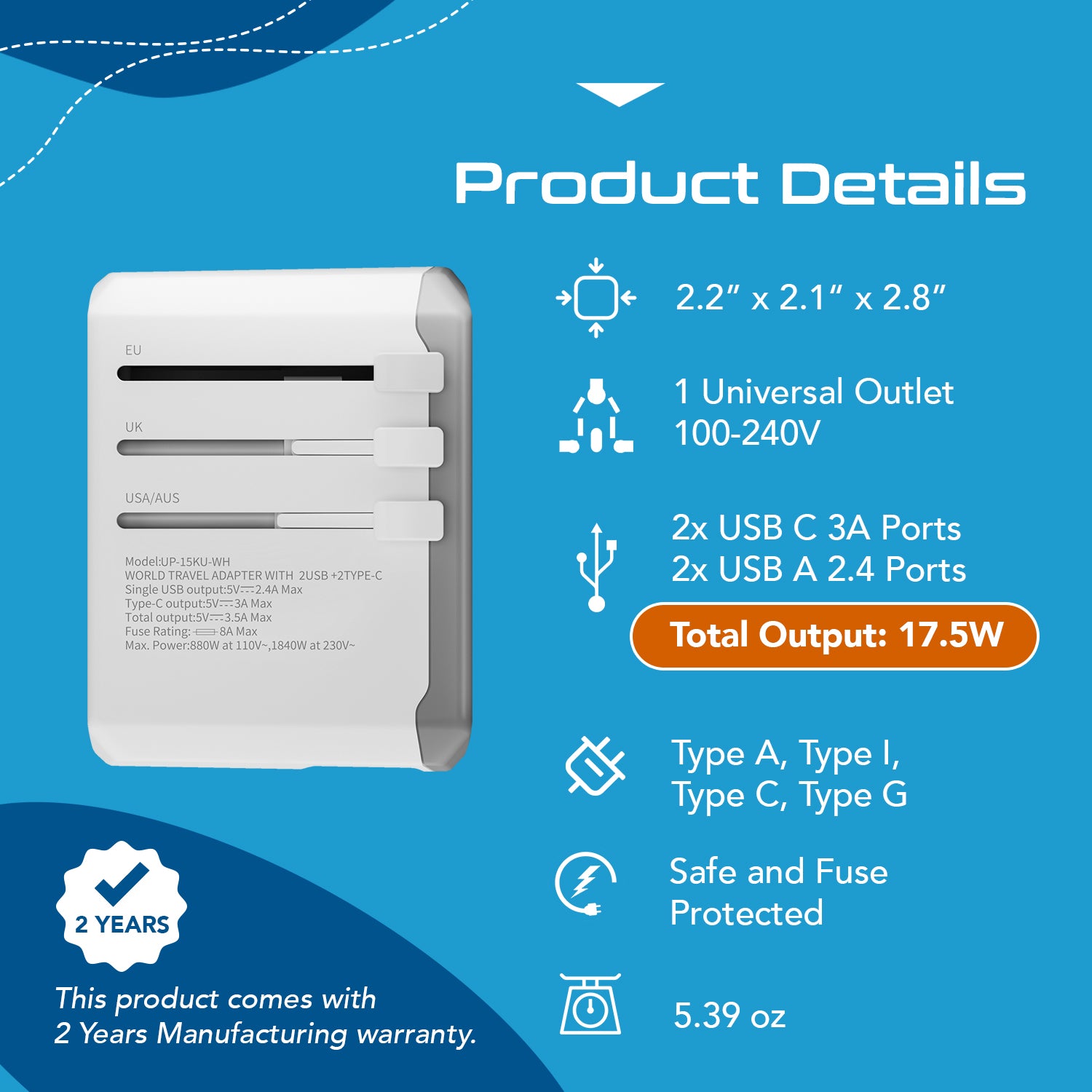 All-In-One International Travel Adapter - 5 in 1 - 2 USB-A & 2 USB-C - Max. 17.5W (3.5A) - White