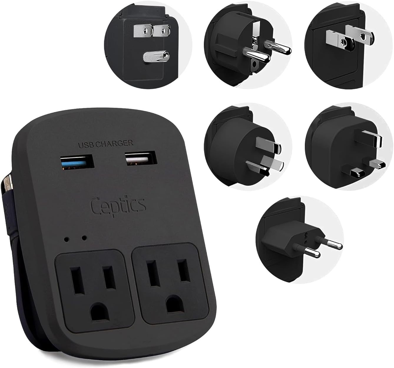 World-Way 6 Travel Adapter Kit | 2 USB + 2 US Outlets - Grounded