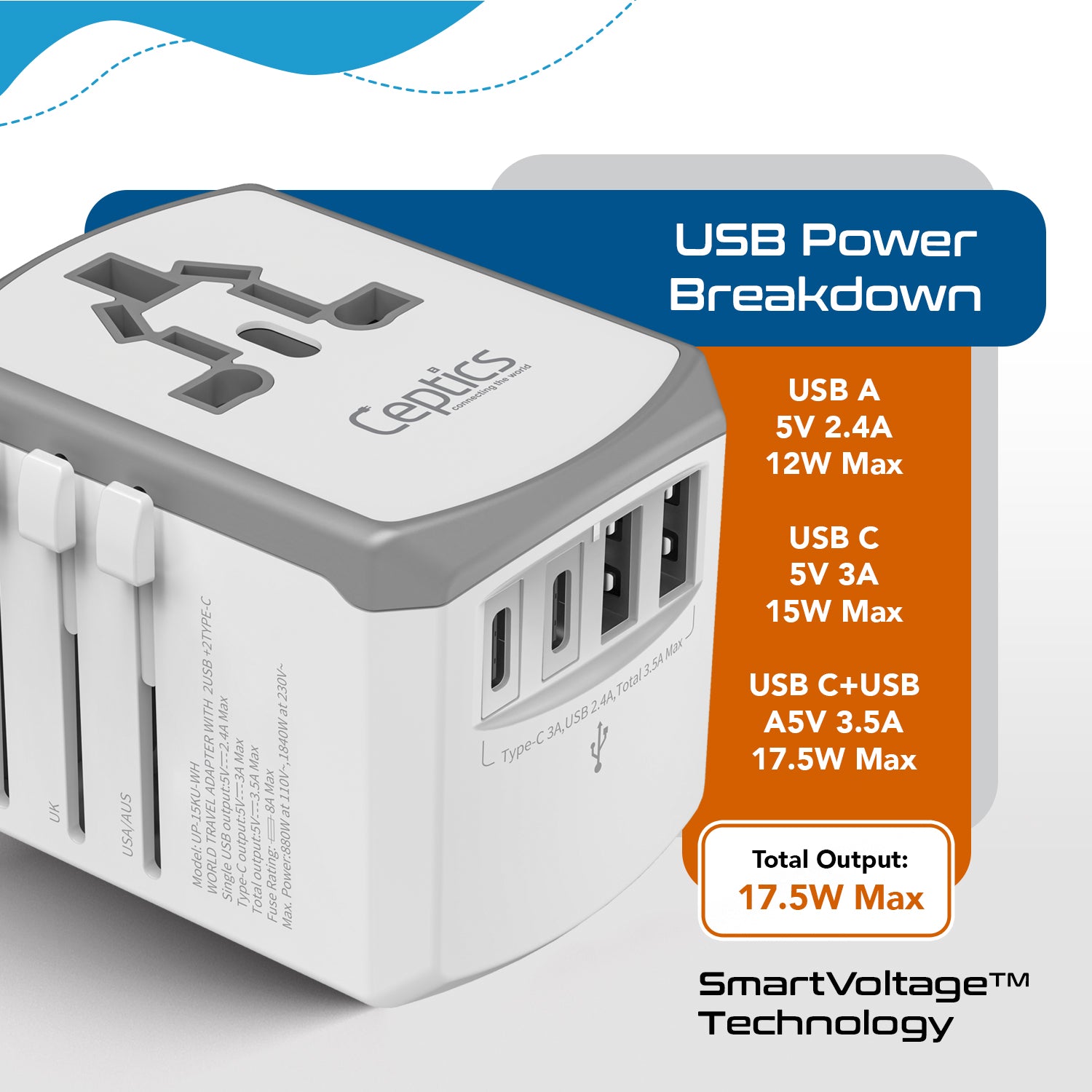 All-In-One International Travel Adapter - 5 in 1 - 2 USB-A & 2 USB-C - Max. 17.5W (3.5A) - White