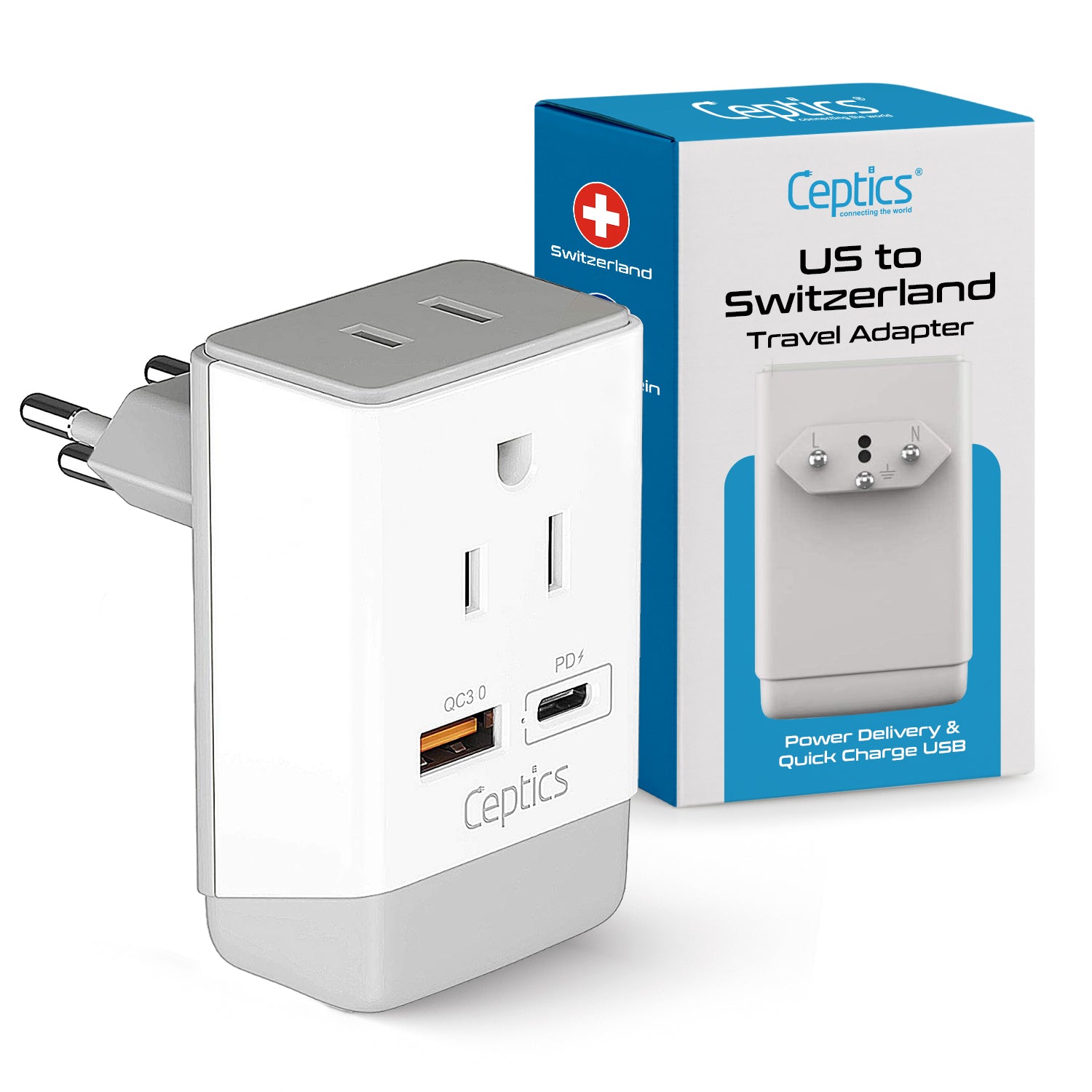 Switzerland Travel Adapter | Type J - USB-A & USB-C Ports + 2 USA Outlet (AP-11A)