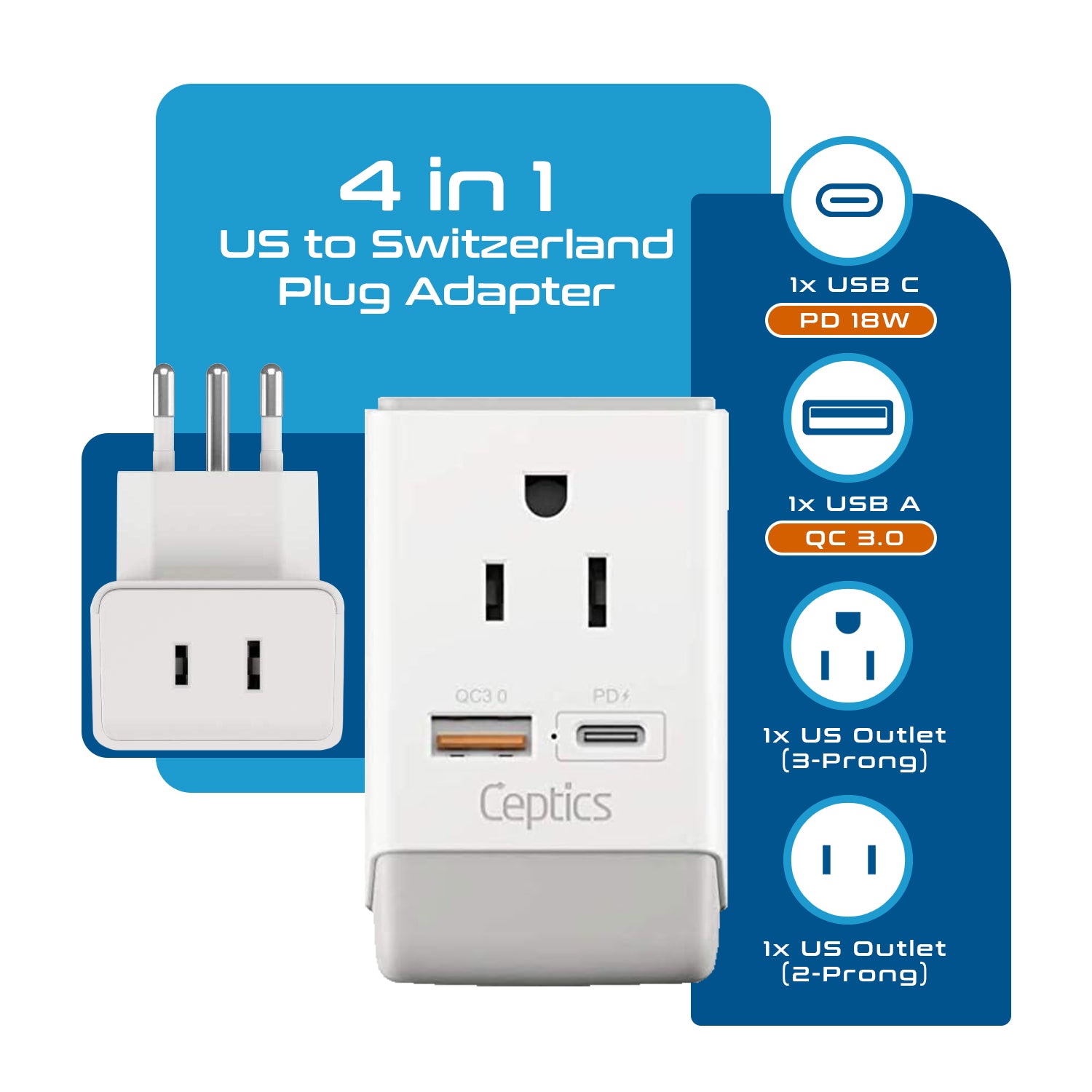 Switzerland Travel Adapter | Type J - USB-A & USB-C Ports + 2 USA Outlet (AP-11A)