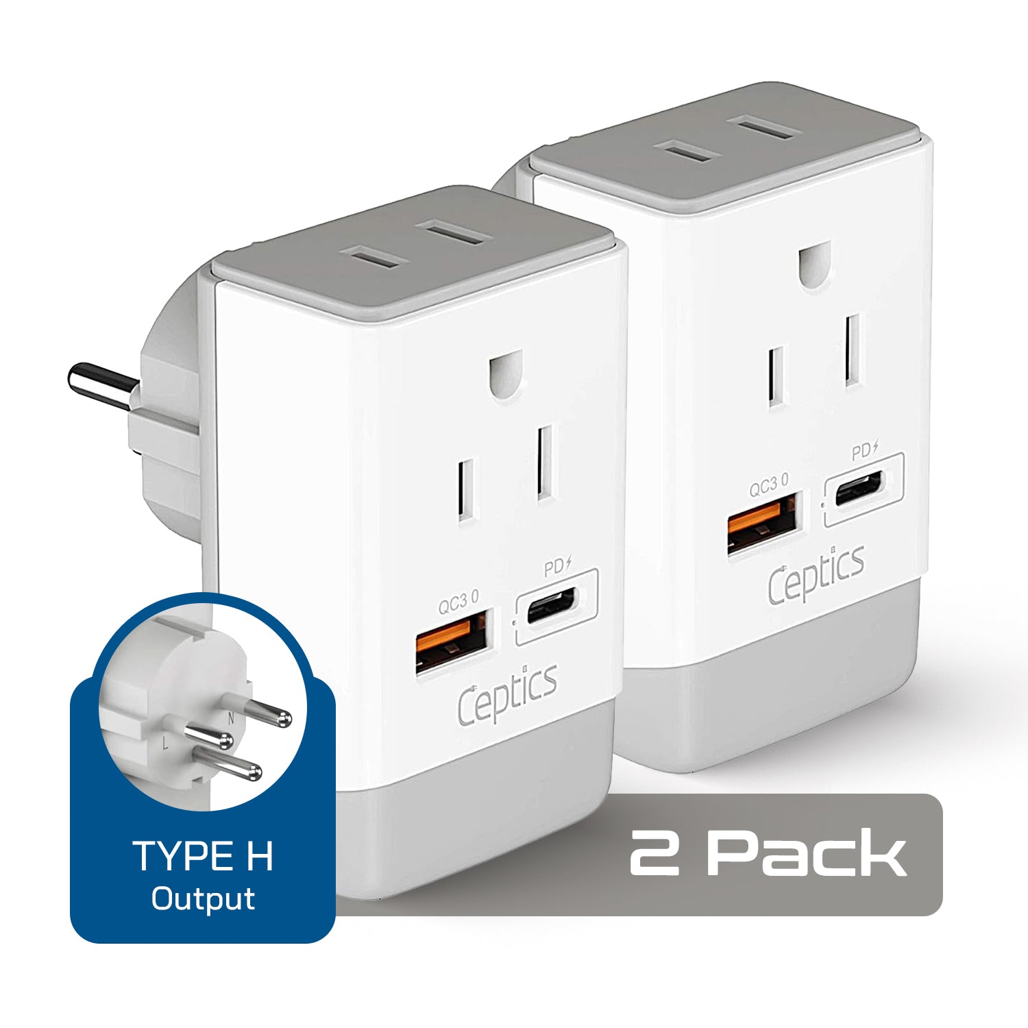 Israel, Palestine Travel Adapter | Type H - USB-A & USB-C Ports + 2 USA Outlet (AP-14)