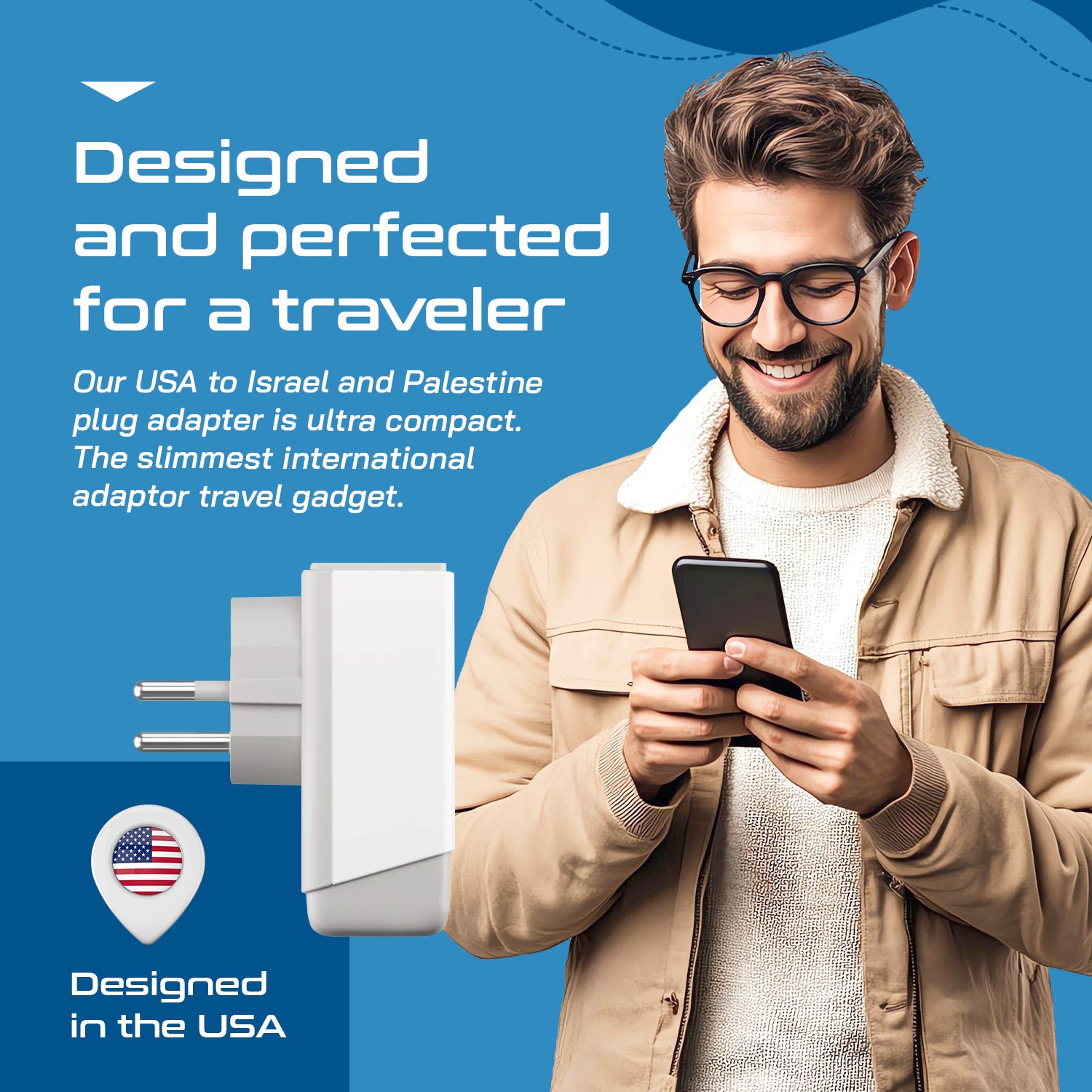 Israel, Palestine Travel Adapter | Type H - USB-A & USB-C Ports + 2 USA Outlet (AP-14)