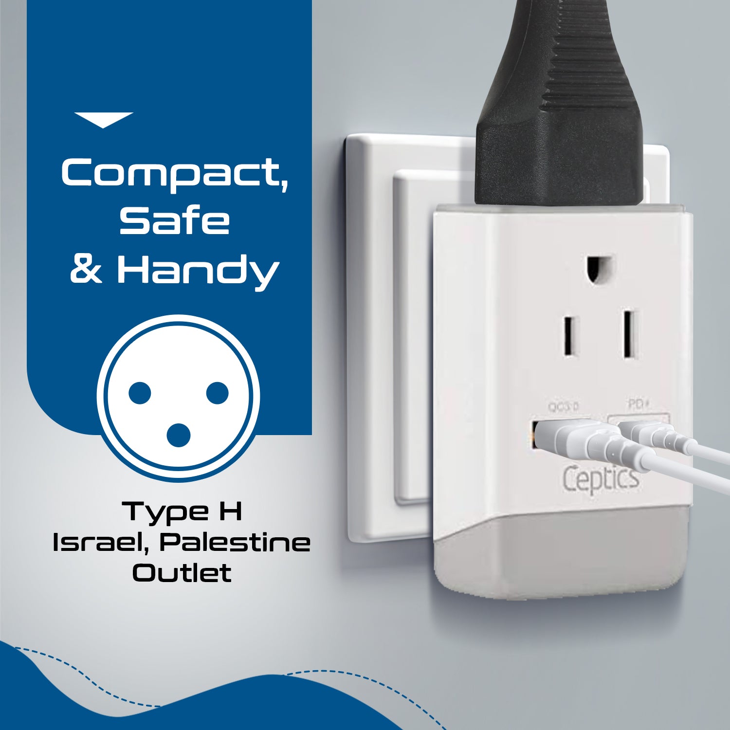 Israel, Palestine Travel Adapter | Type H - USB-A & USB-C Ports + 2 USA Outlet (AP-14)