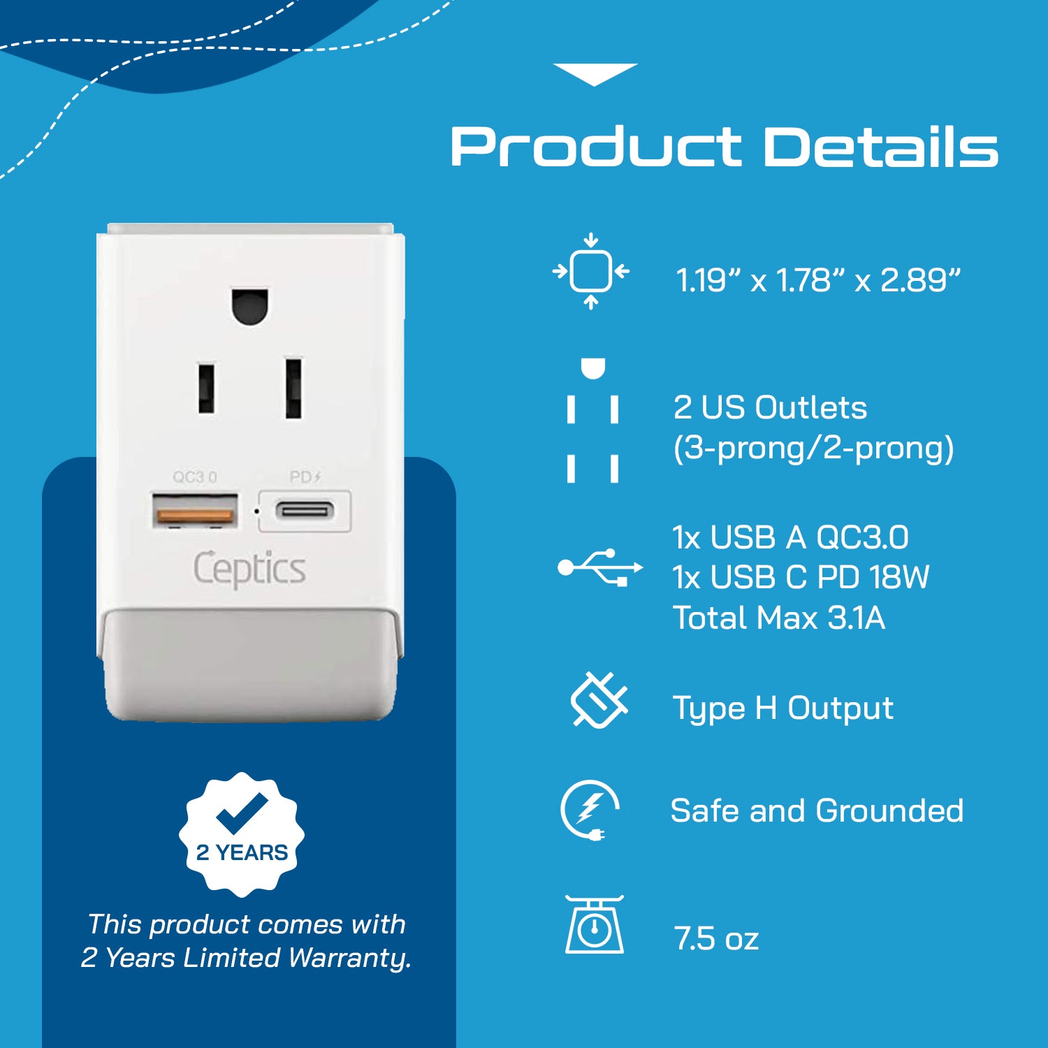 Israel, Palestine Travel Adapter | Type H - USB-A & USB-C Ports + 2 USA Outlet (AP-14)