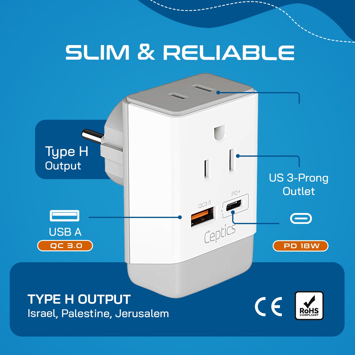 Israel, Palestine Travel Adapter | Type H - USB-A & USB-C Ports + 2 USA Outlet (AP-14)