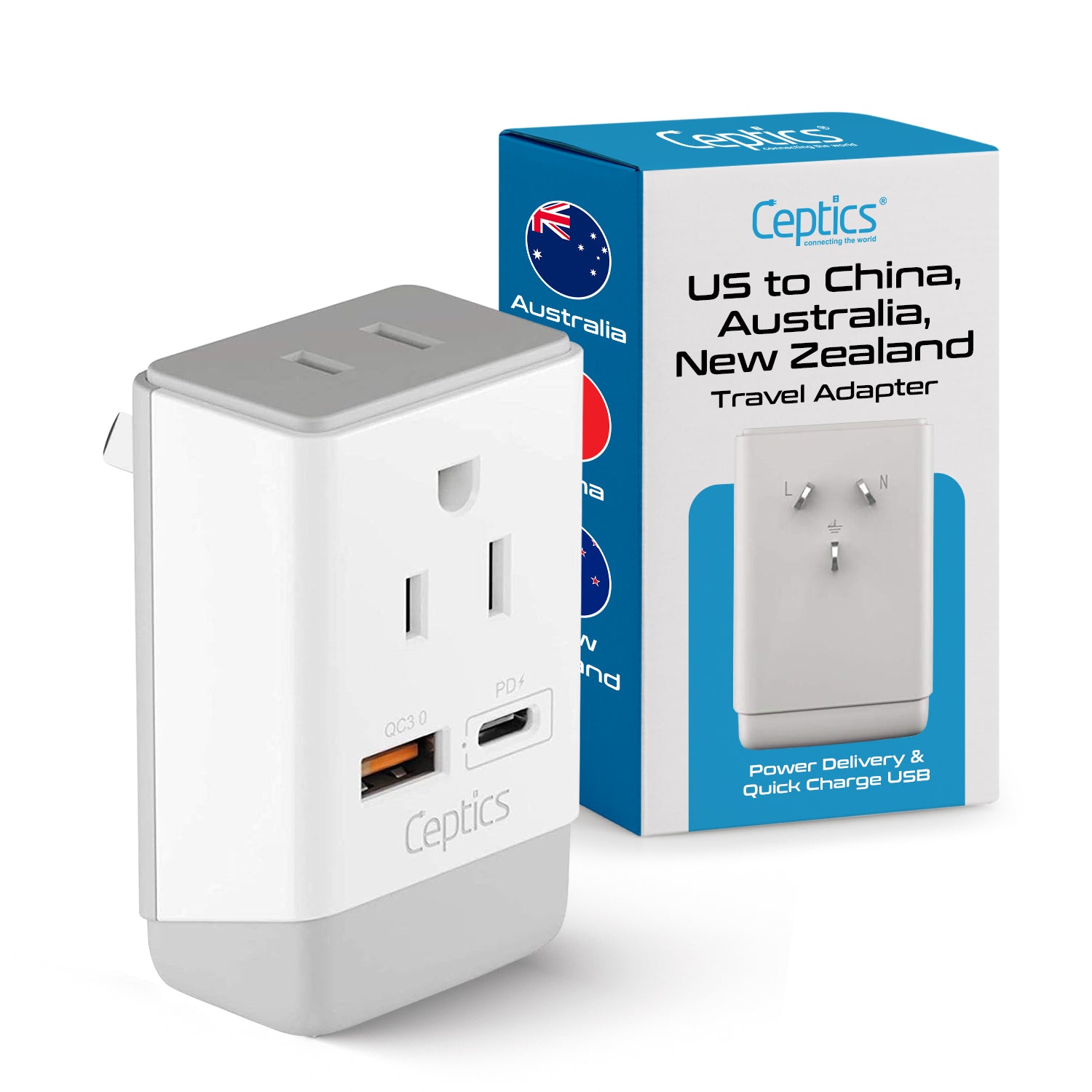 Australia, China Travel Adapter | Type I - USB-A & USB-C Ports + 2 USA Outlet (AP-16)