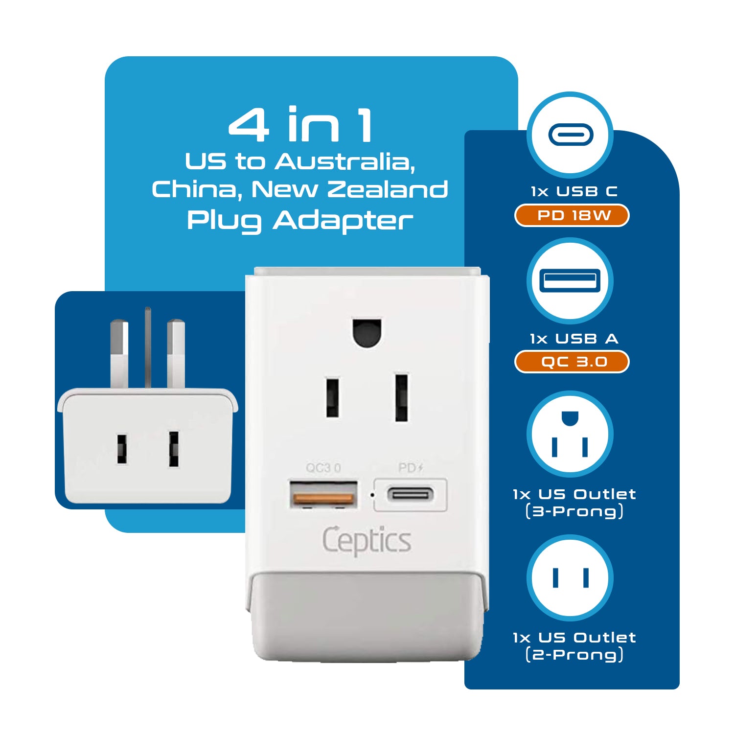 Australia, China Travel Adapter | Type I - USB-A & USB-C Ports + 2 USA Outlet (AP-16)