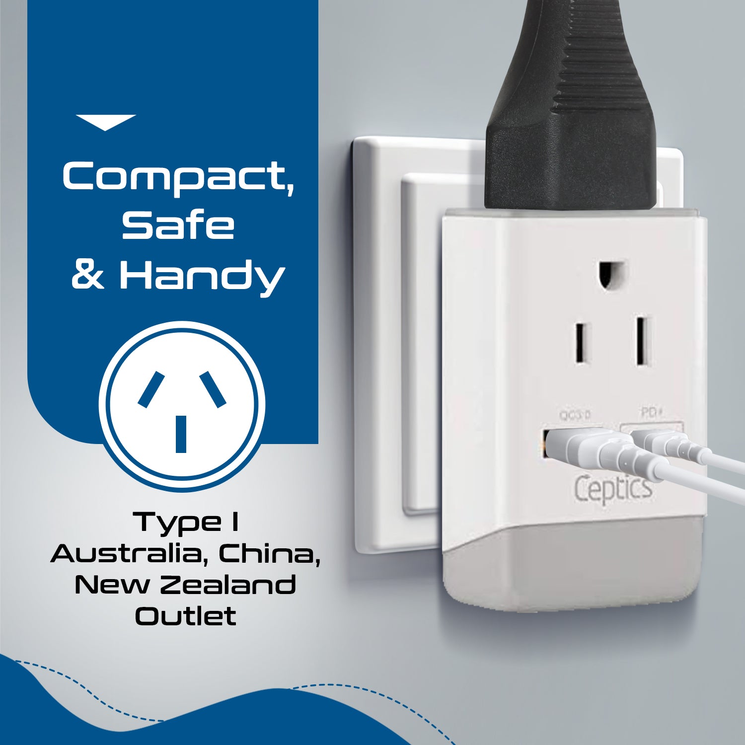 Australia, China Travel Adapter | Type I - USB-A & USB-C Ports + 2 USA Outlet (AP-16)