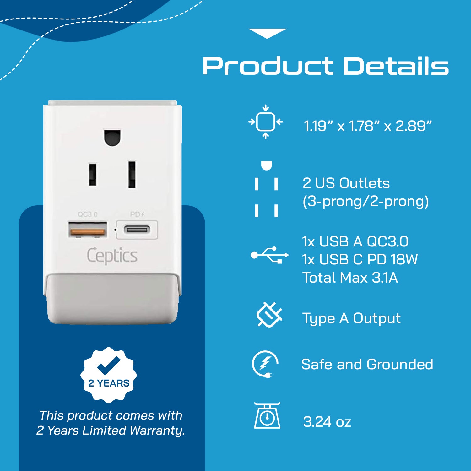 Japan, Philippines Travel Adapter | Type A - USB-A & USB-C Ports + 2 USA Outlet (AP-6)