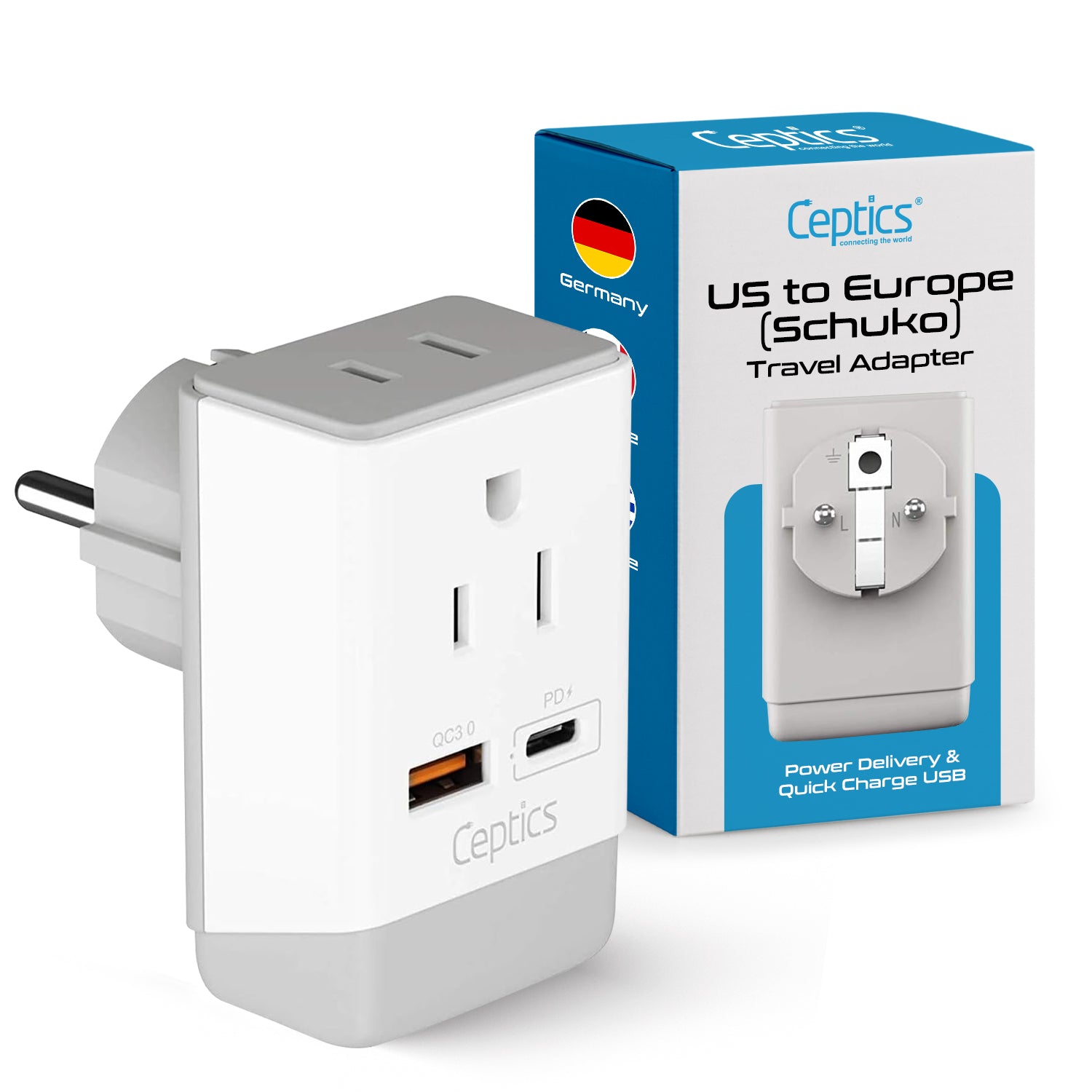 Europe (Schuko) Travel Adapter | Type E/F - USB-A & USB-C Ports + 2 USA Outlet (AP-9)