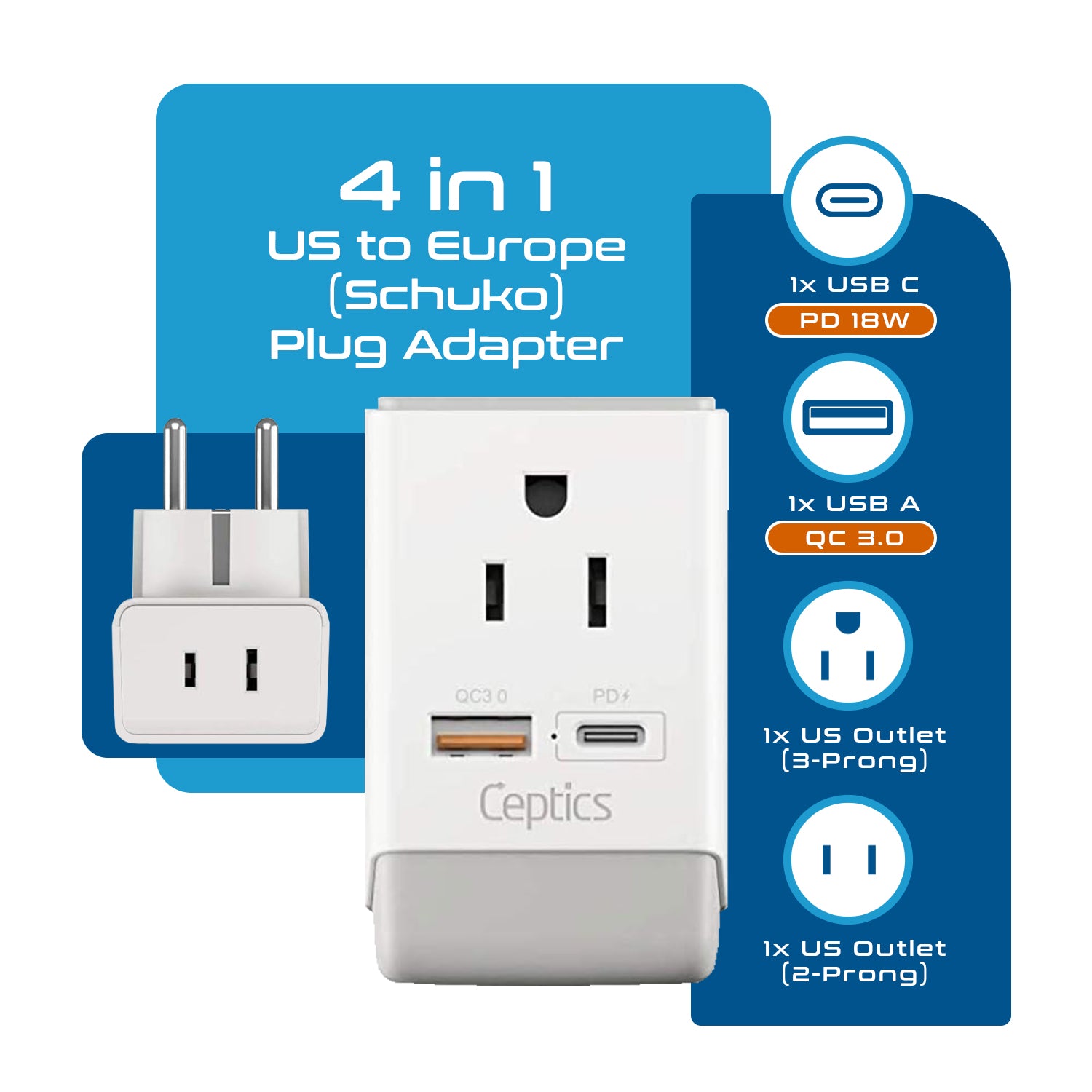 Europe (Schuko) Travel Adapter | Type E/F - USB-A & USB-C Ports + 2 USA Outlet (AP-9)