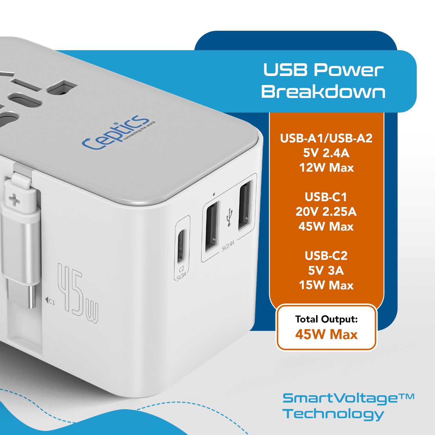 45W 5 in 1 Universal Travel Adapter - 2 USB-A + 1 retractable USB-C cable (PD 45W), & 1 USB-C - Max. 45W (9A) - White