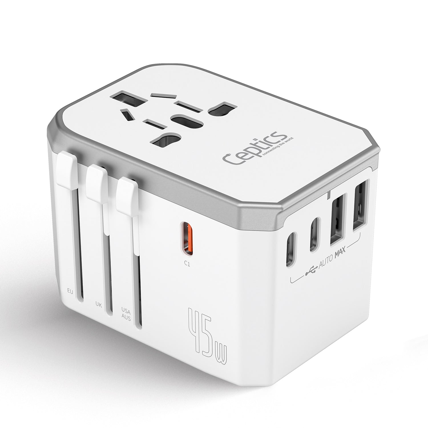 45W 6 in 1 Universal Travel Adapter - 2 USB-A + 3 USB-C - Max. 45W (9A) - White