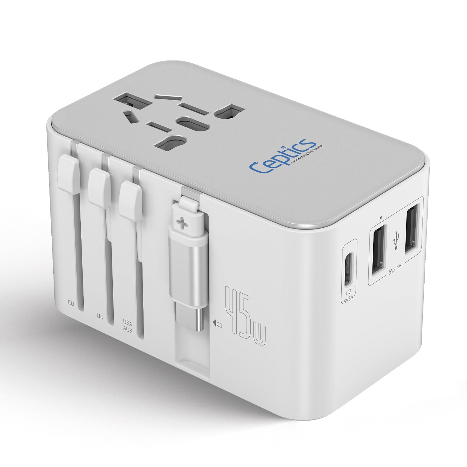 45W 5 in 1 Universal Travel Adapter - 2 USB-A + 1 retractable USB-C cable (PD 45W), & 1 USB-C - Max. 45W (9A) - White