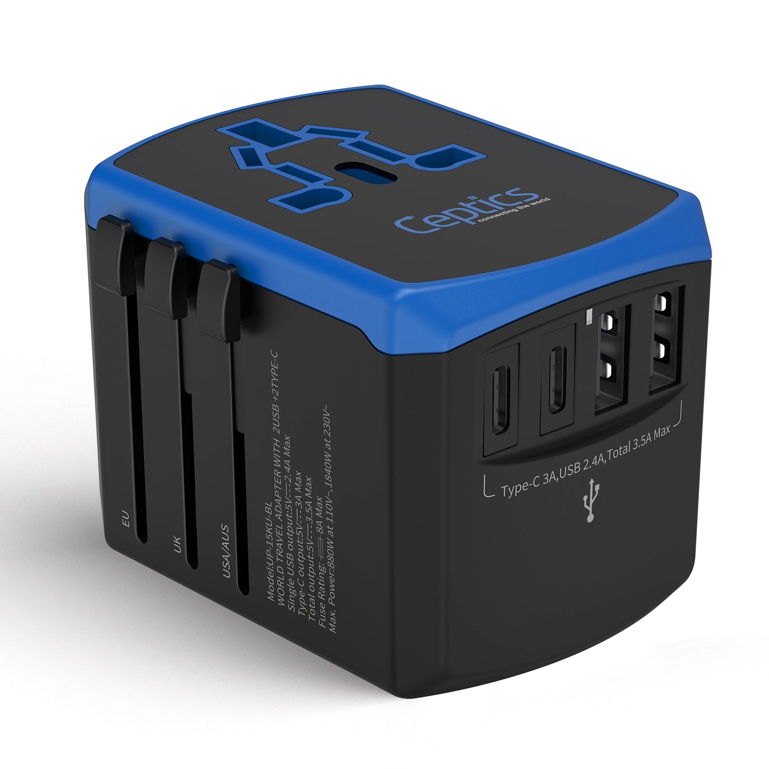 All-In-One International Travel Adapter - 5 in 1 - 2 USB-A & 2 USB-C - Max. 17.5W (3.5A)