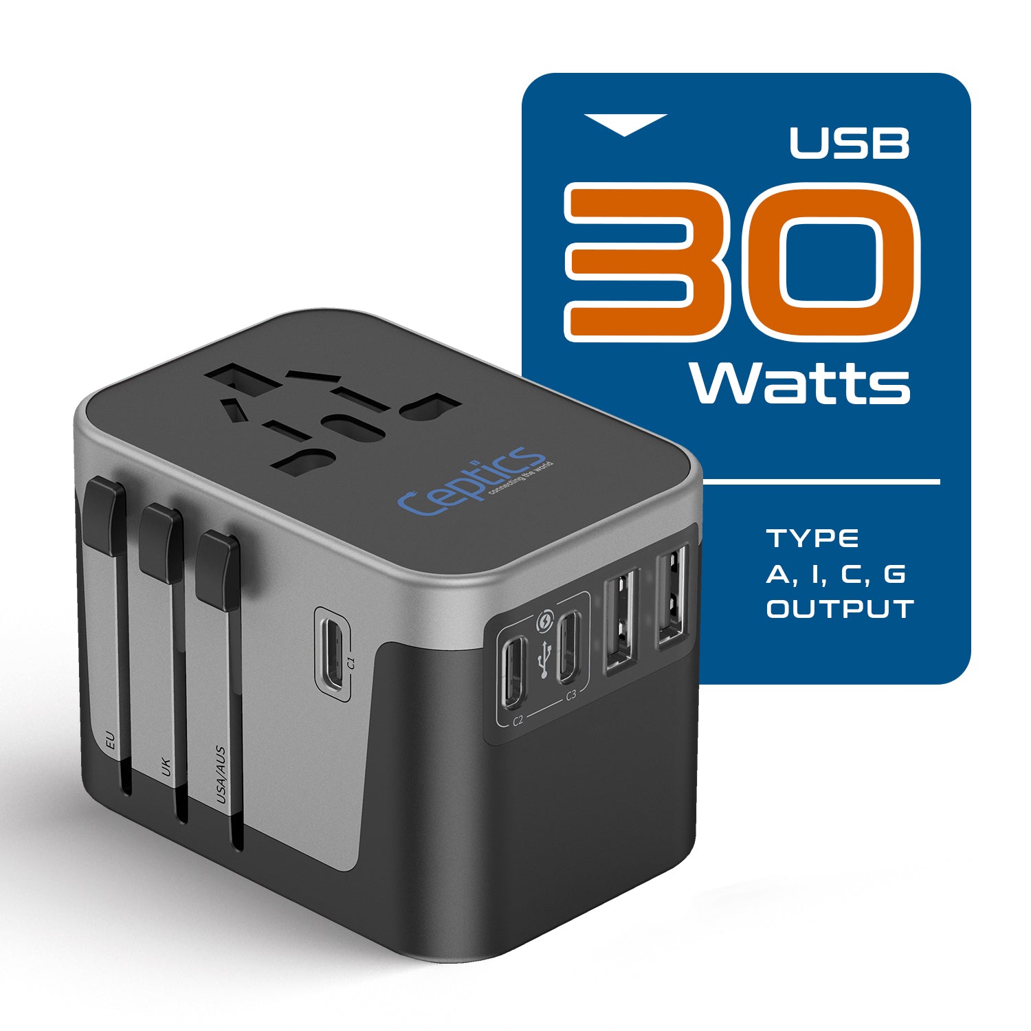 30W 6 in 1 Universal Travel Adapter - 2 USB-A + 3 USB-C - Max. 30W (6A)