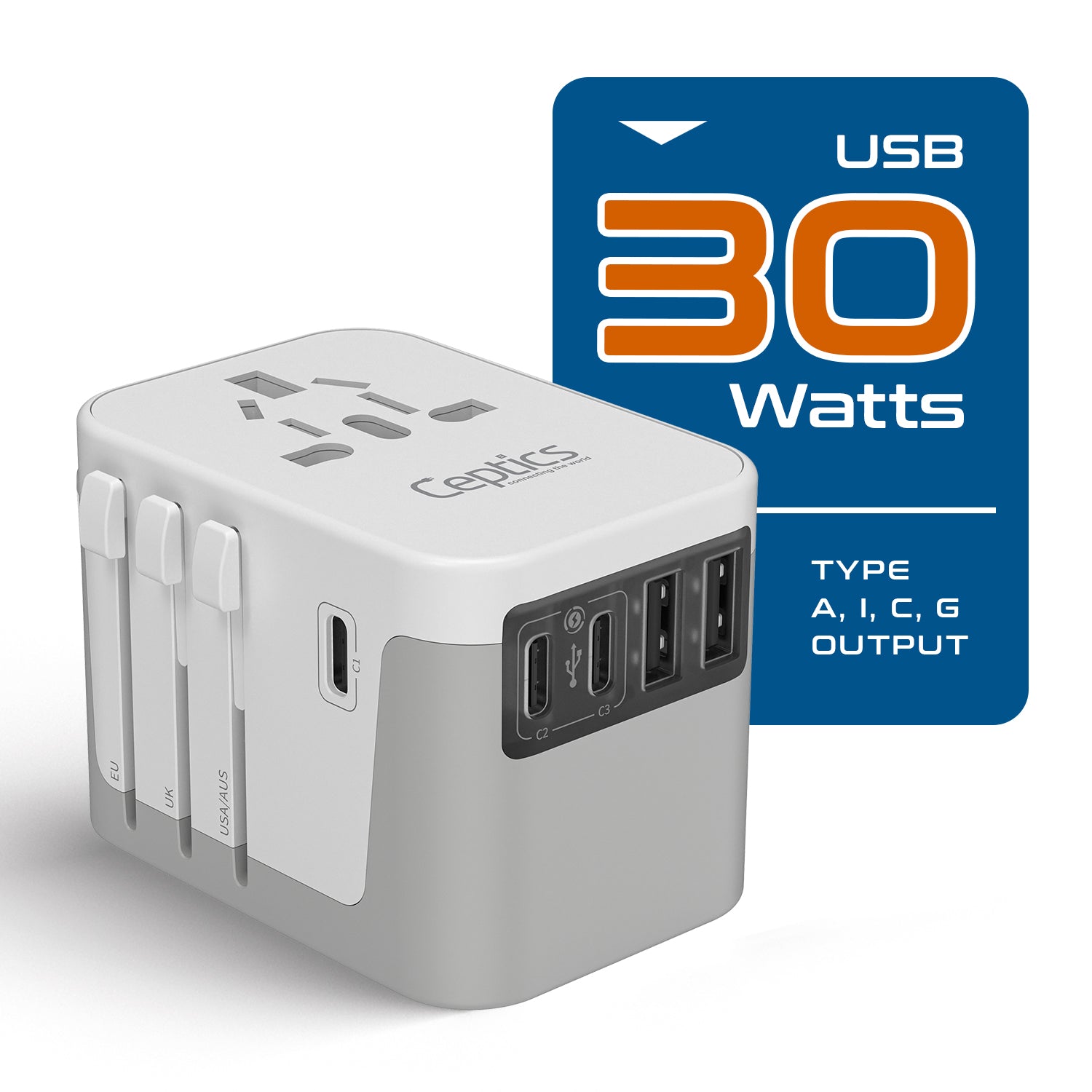 30W 6 in 1 Universal Travel Adapter - 2 USB-A + 3 USB-C - Max. 30W (6A) - White