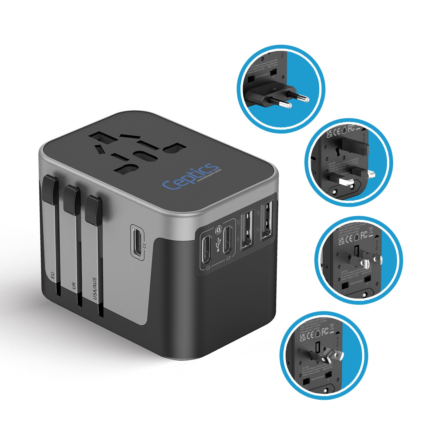 30W 6 in 1 Universal Travel Adapter - 2 USB-A + 3 USB-C - Max. 30W (6A)