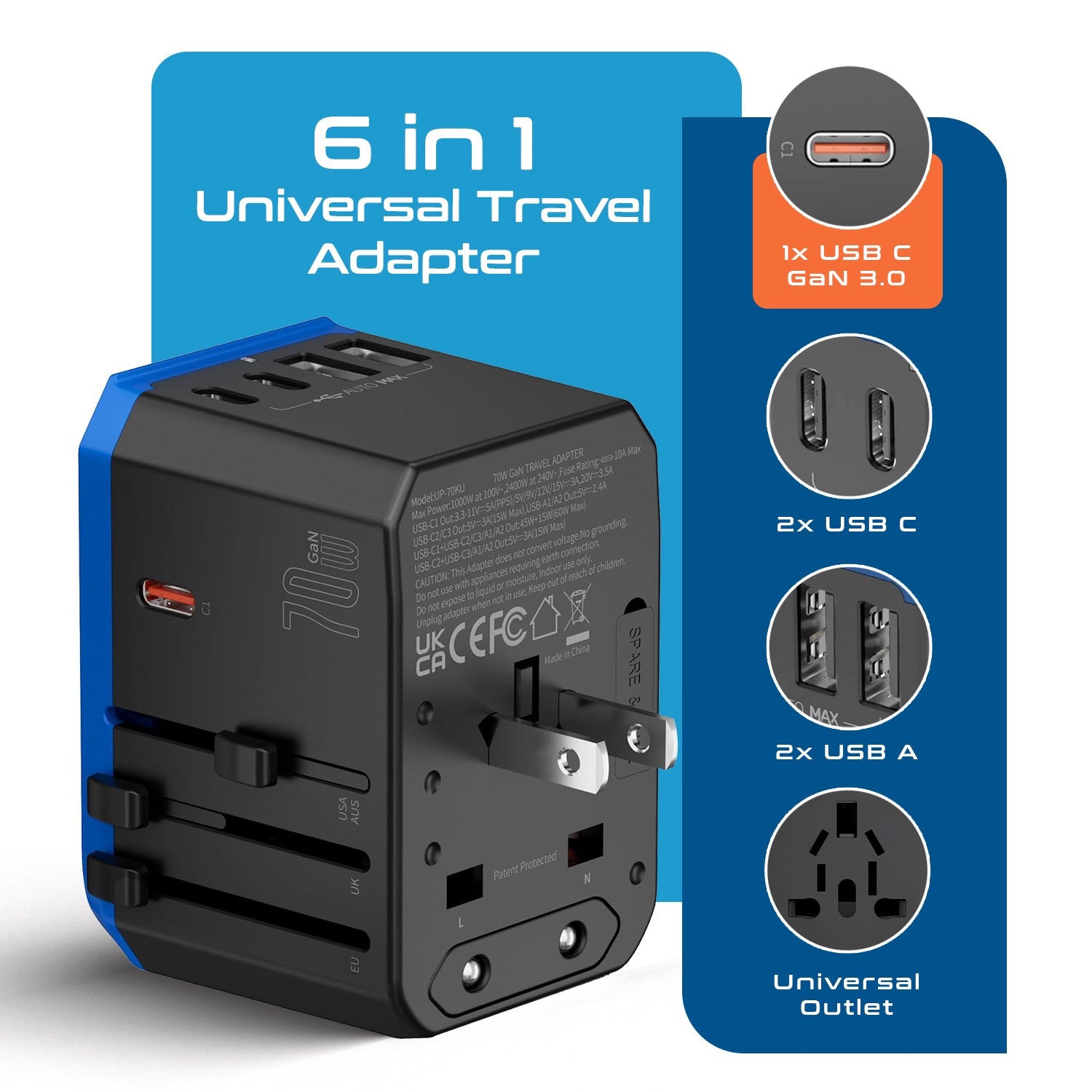 70W International Travel Plug Adapter - 2 USB-C + 1 GaN 3.0 (USB-C) & 2 USB ports (UP-70KU)