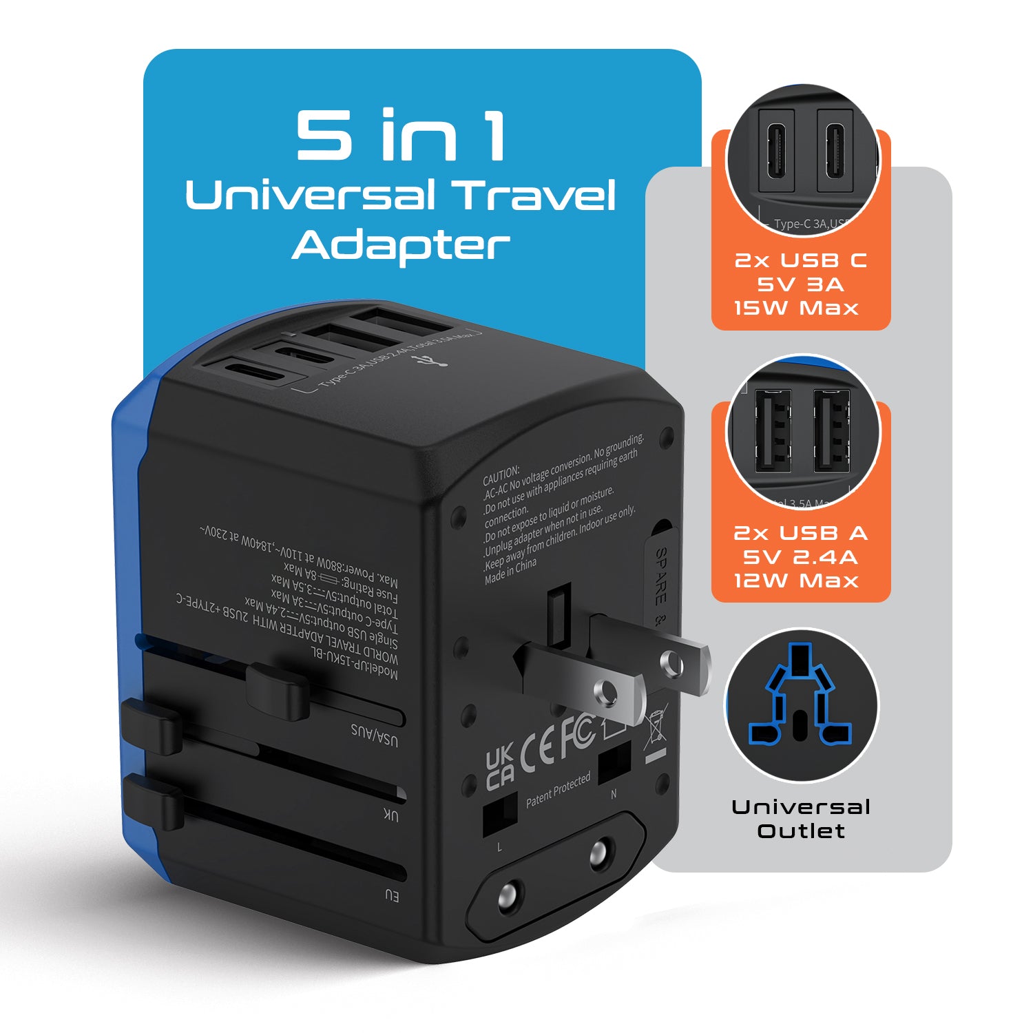 All-In-One International Travel Adapter - 5 in 1 - 2 USB-A & 2 USB-C - Max. 17.5W (3.5A)