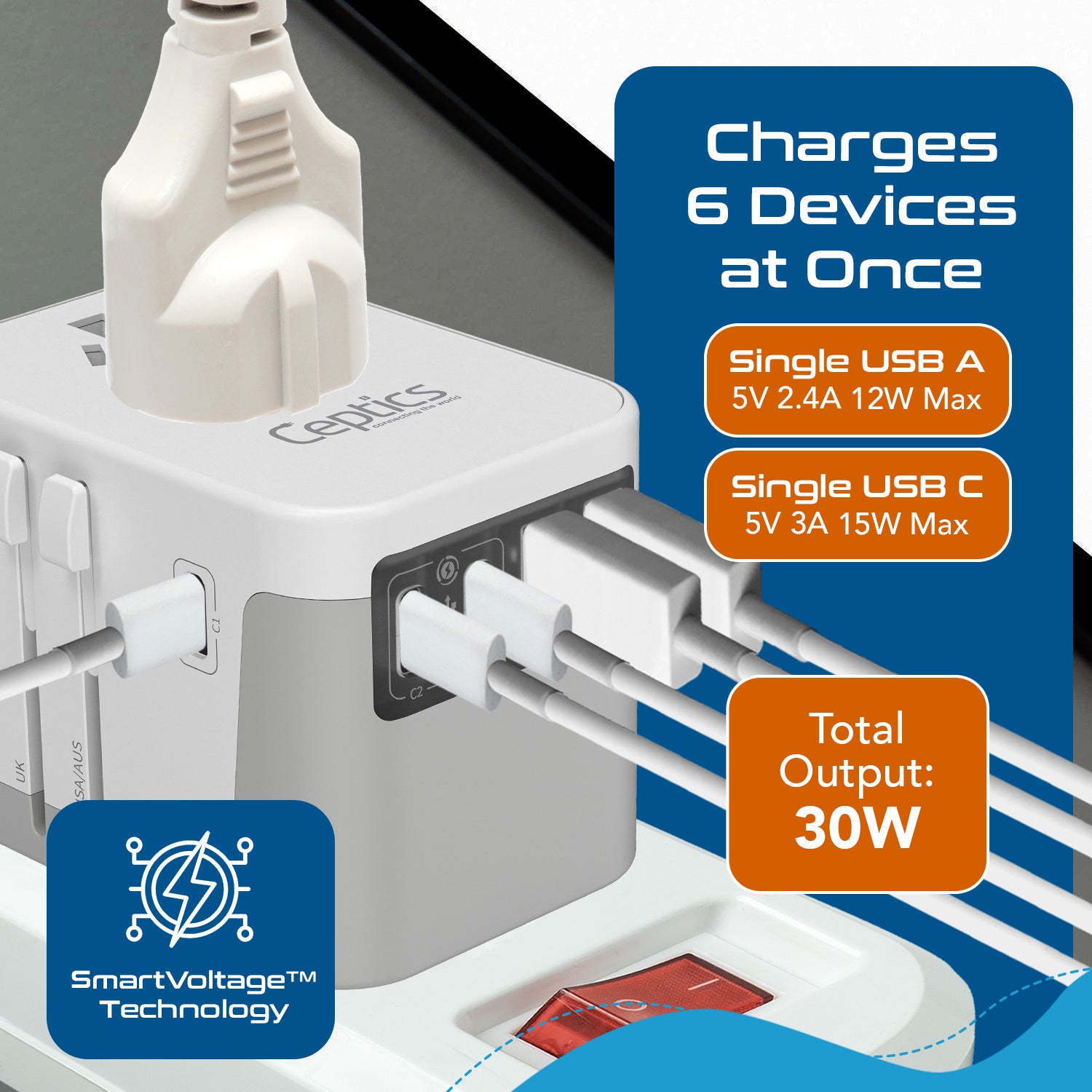 30W 6 in 1 Universal Travel Adapter - 2 USB-A + 3 USB-C - Max. 30W (6A) - White