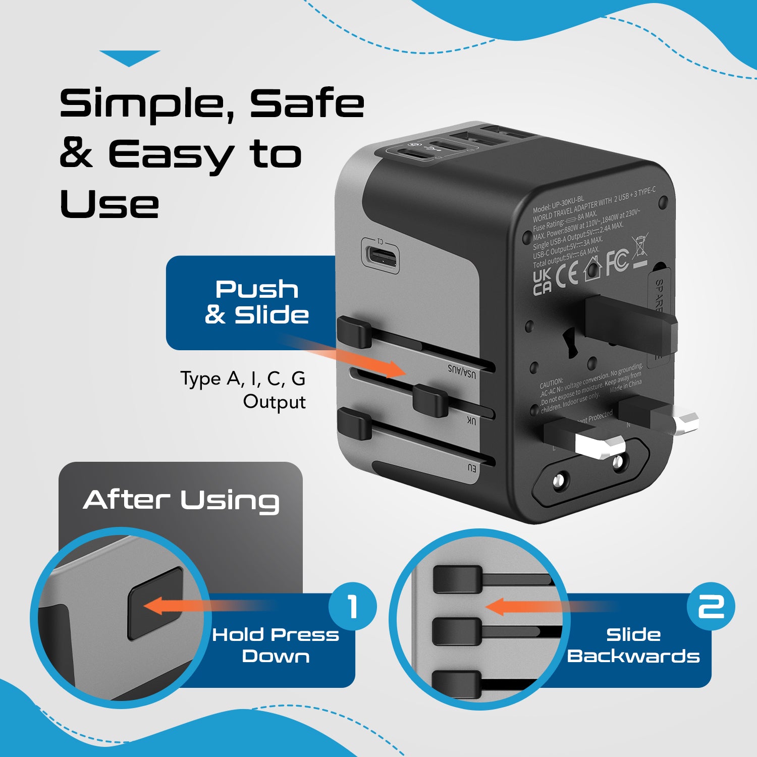 30W 6 in 1 Universal Travel Adapter - 2 USB-A + 3 USB-C - Max. 30W (6A)