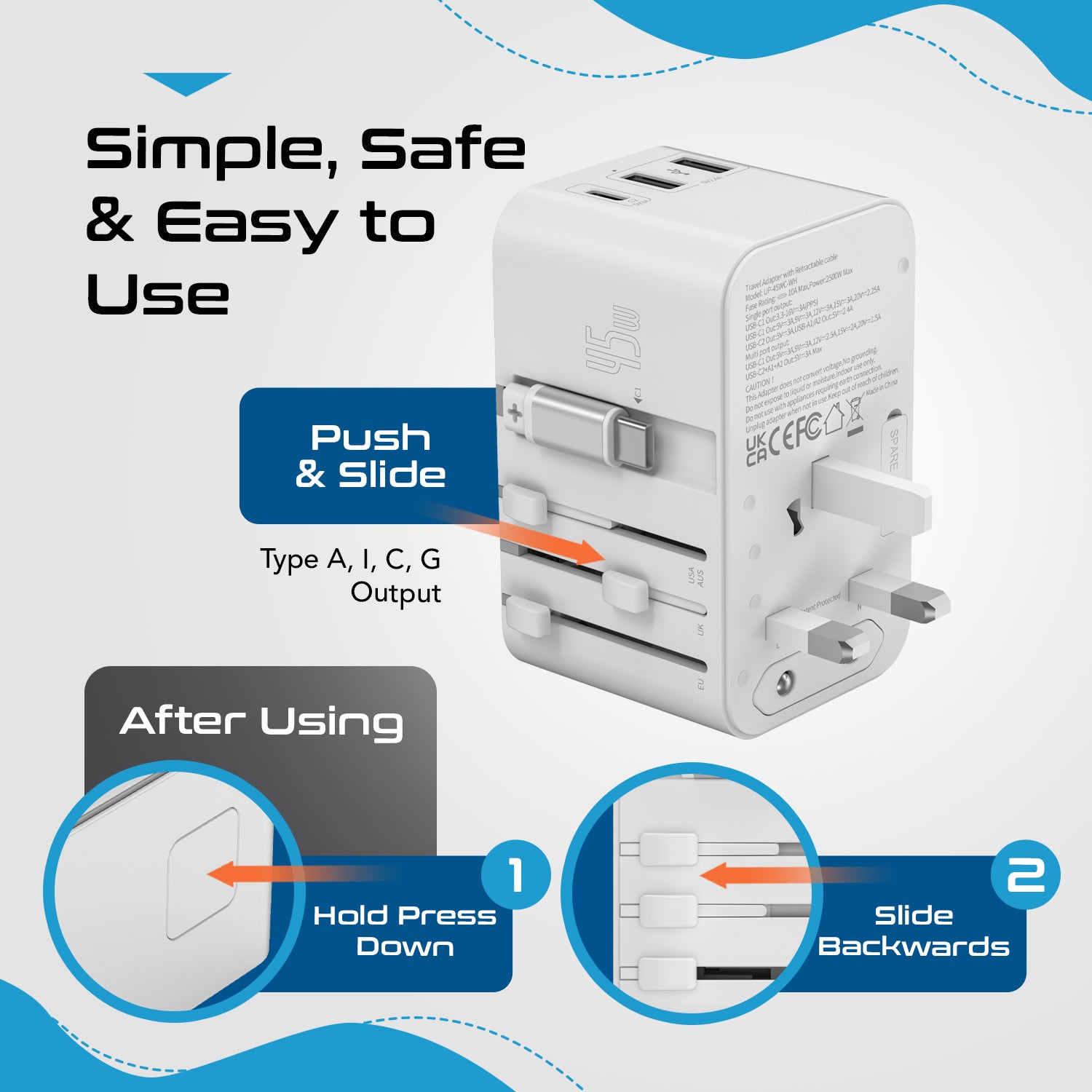 45W 5 in 1 Universal Travel Adapter - 2 USB-A + 1 retractable USB-C cable (PD 45W), & 1 USB-C - Max. 45W (9A) - White