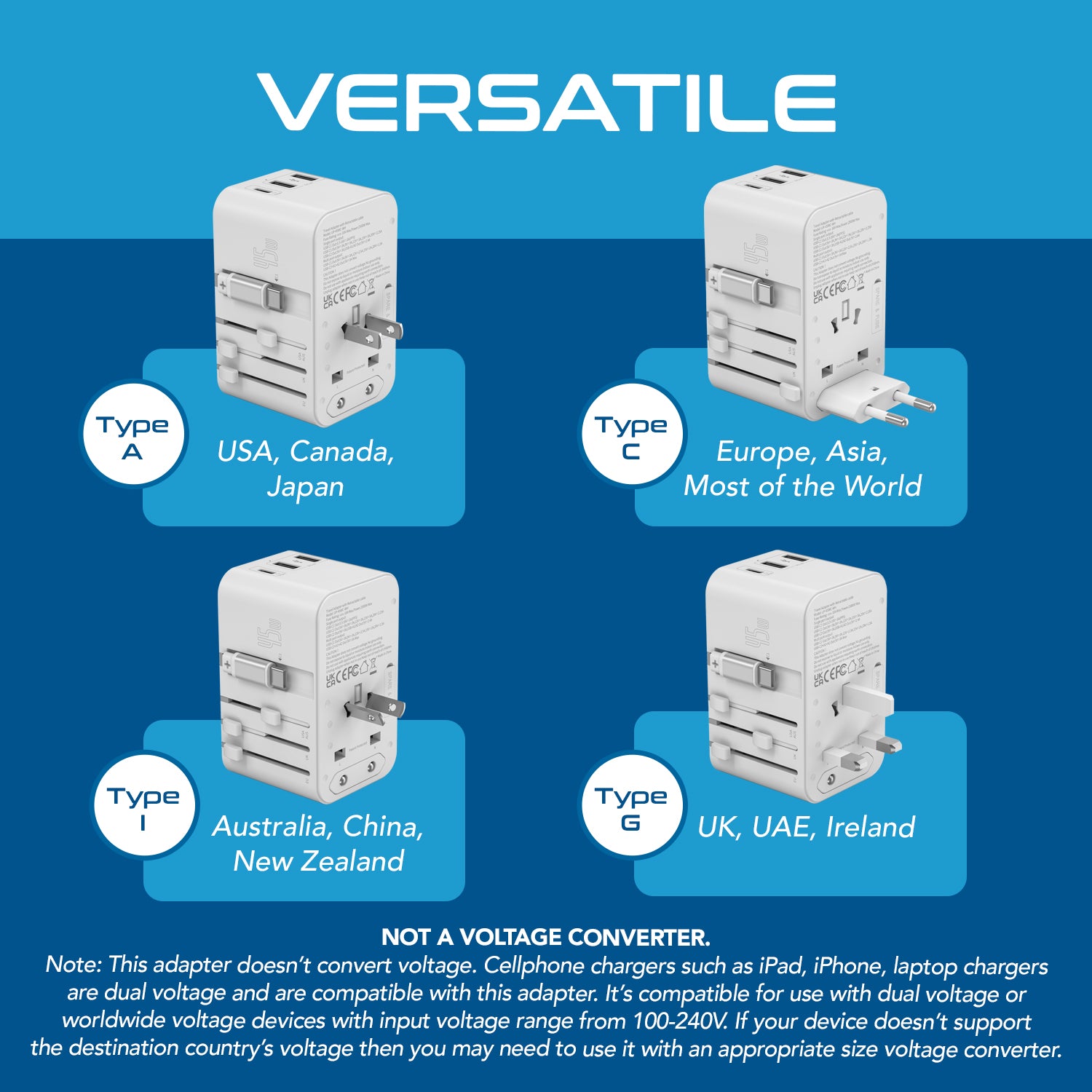 45W 5 in 1 Universal Travel Adapter - 2 USB-A + 1 retractable USB-C cable (PD 45W), & 1 USB-C - Max. 45W (9A) - White