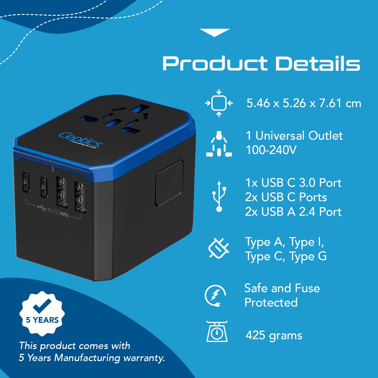 70W International Travel Plug Adapter - 2 USB-C + 1 GaN 3.0 (USB-C) & 2 USB ports (UP-70KU)