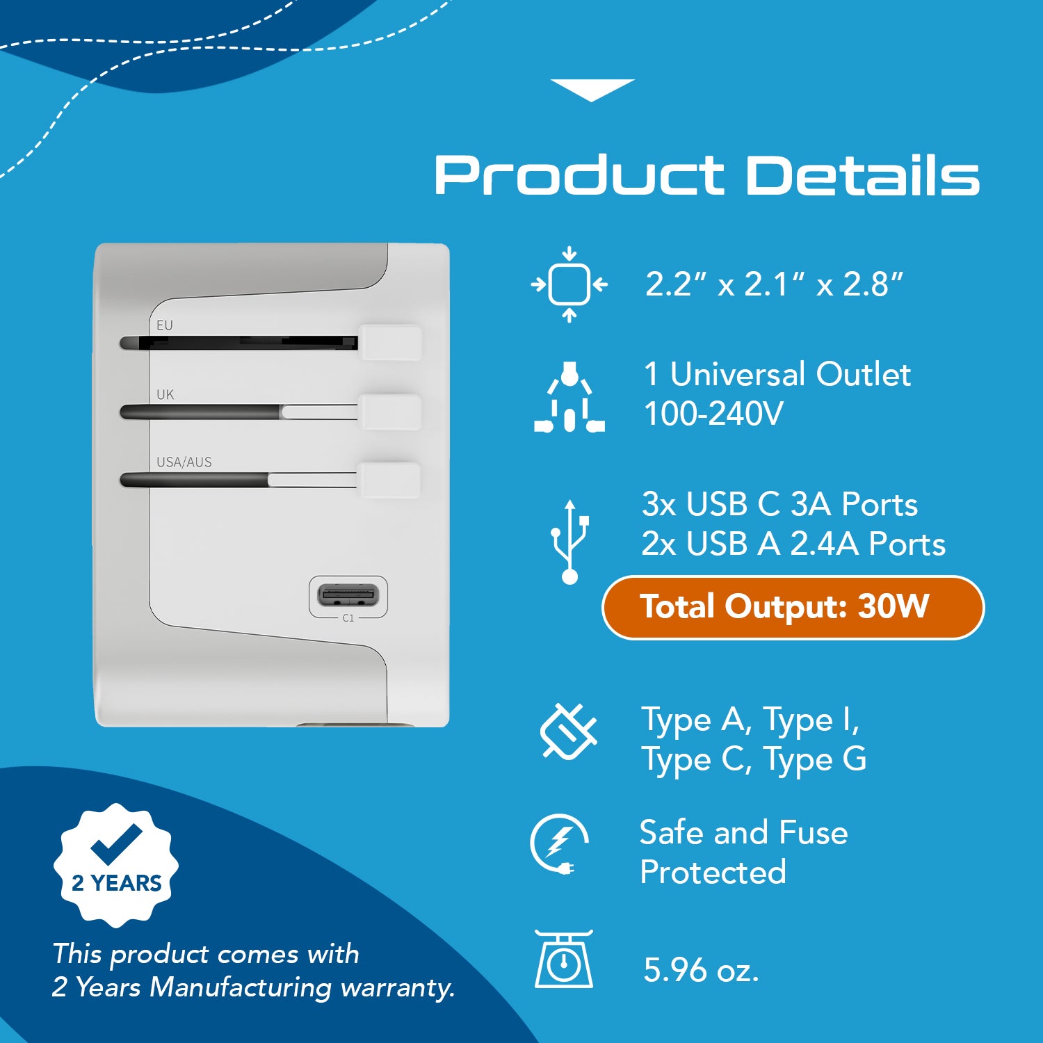 30W 6 in 1 Universal Travel Adapter - 2 USB-A + 3 USB-C - Max. 30W (6A) - White