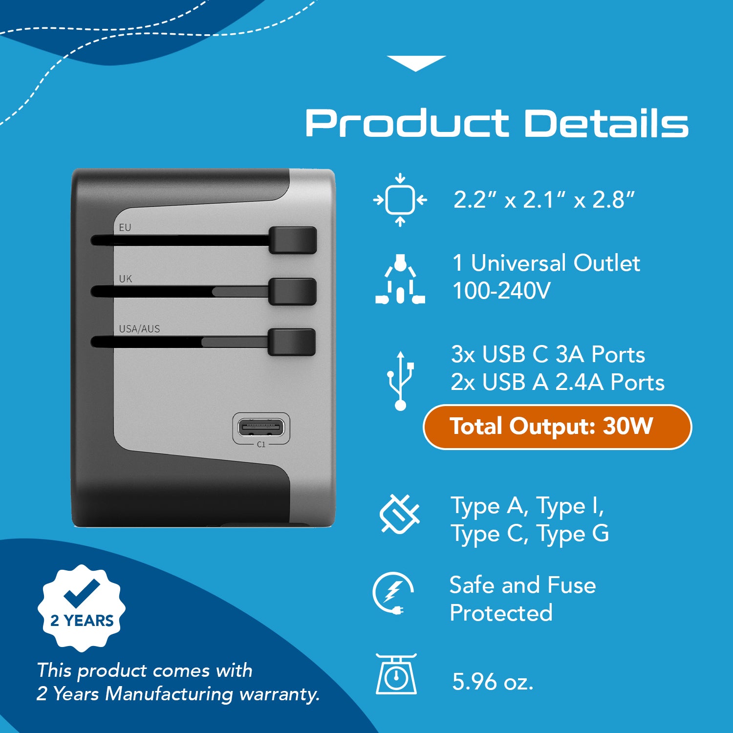 30W 6 in 1 Universal Travel Adapter - 2 USB-A + 3 USB-C - Max. 30W (6A)