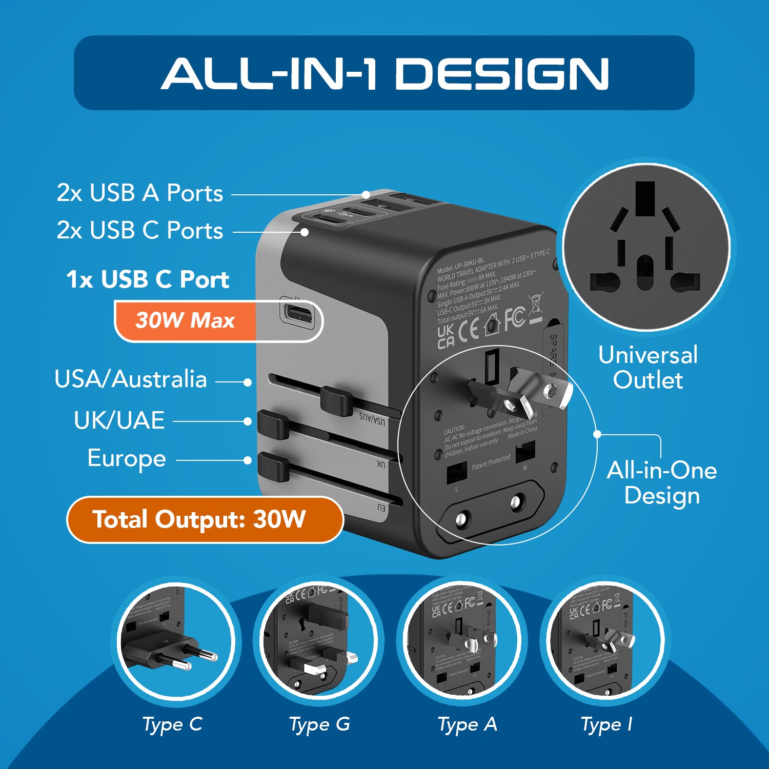 30W 6 in 1 Universal Travel Adapter - 2 USB-A + 3 USB-C - Max. 30W (6A)