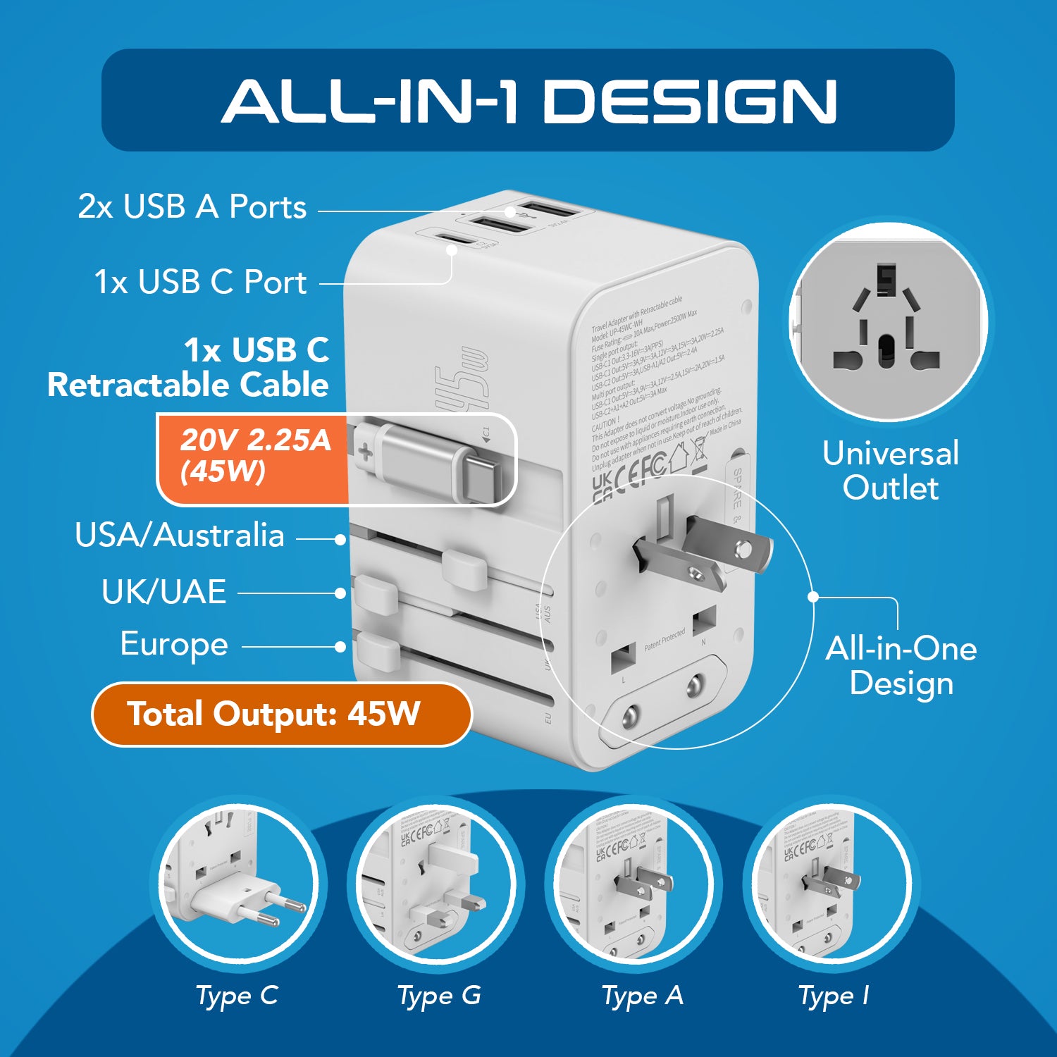 45W 5 in 1 Universal Travel Adapter - 2 USB-A + 1 retractable USB-C cable (PD 45W), & 1 USB-C - Max. 45W (9A) - White