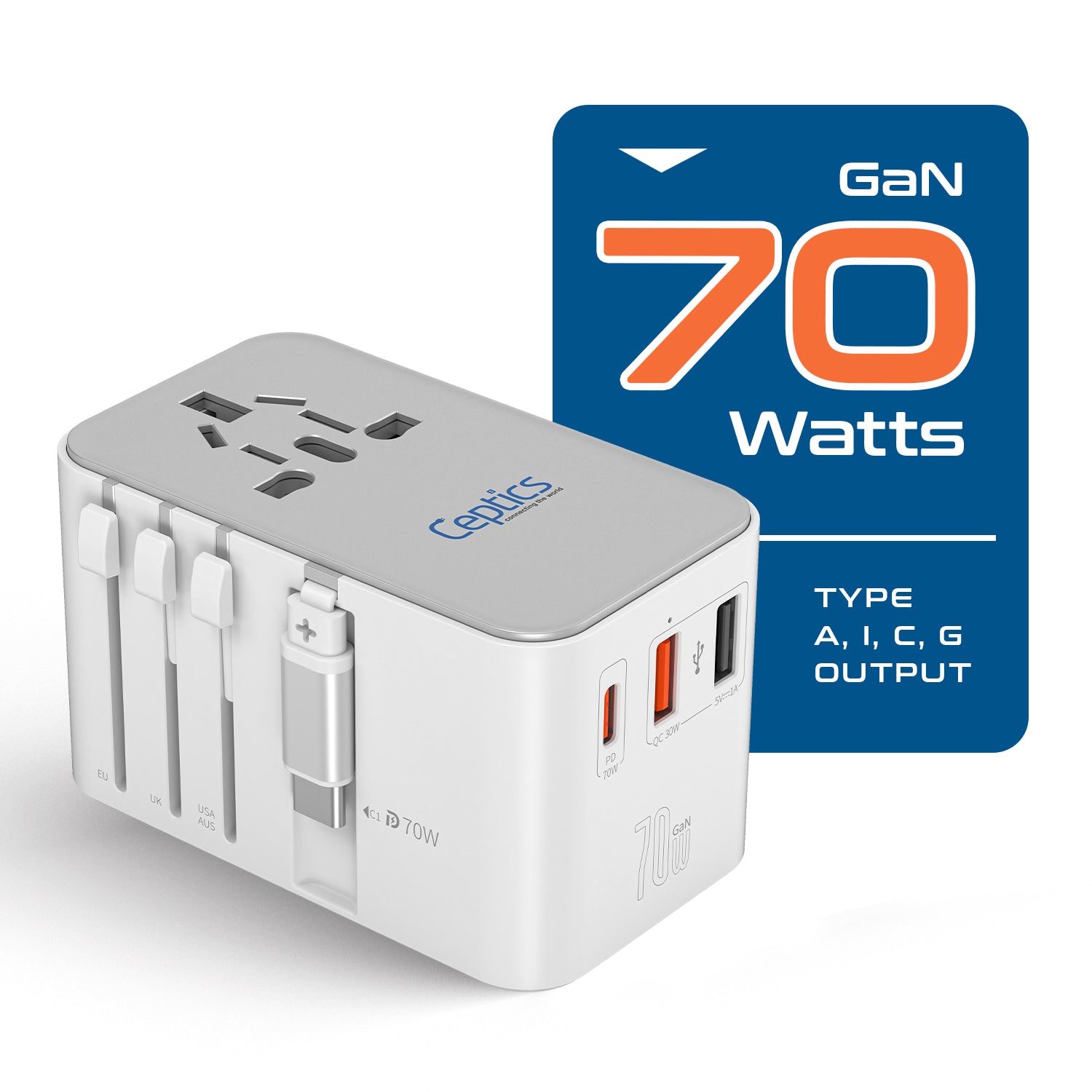 70W Universal Travel Adapter - 2 USB-C + 1 GaN 3.0 retractable cable, USB-C & 1 USB-C - UP-70WC-WH