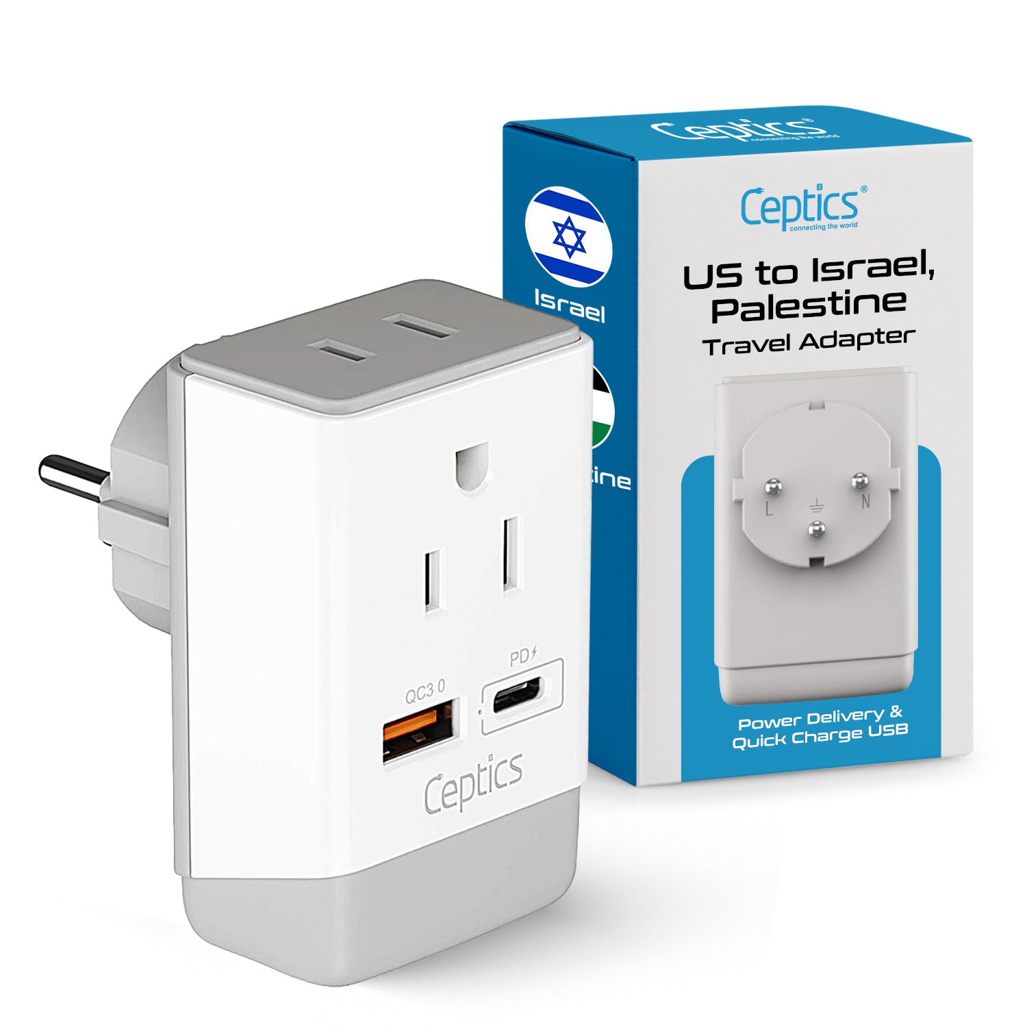 Israel, Palestine Travel Adapter | Type H - USB-A & USB-C Ports + 2 USA Outlet (AP-14)