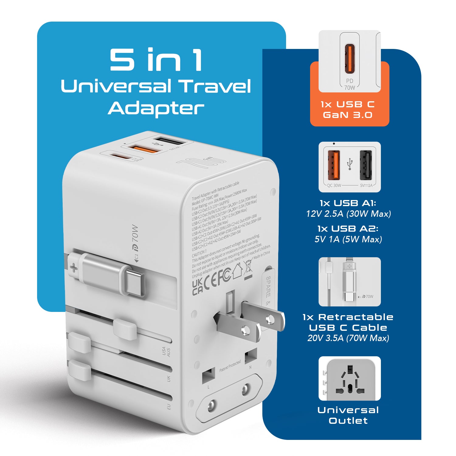 70W Universal Travel Adapter - 2 USB-C + 1 GaN 3.0 retractable cable, USB-C & 1 USB-C - UP-70WC-WH