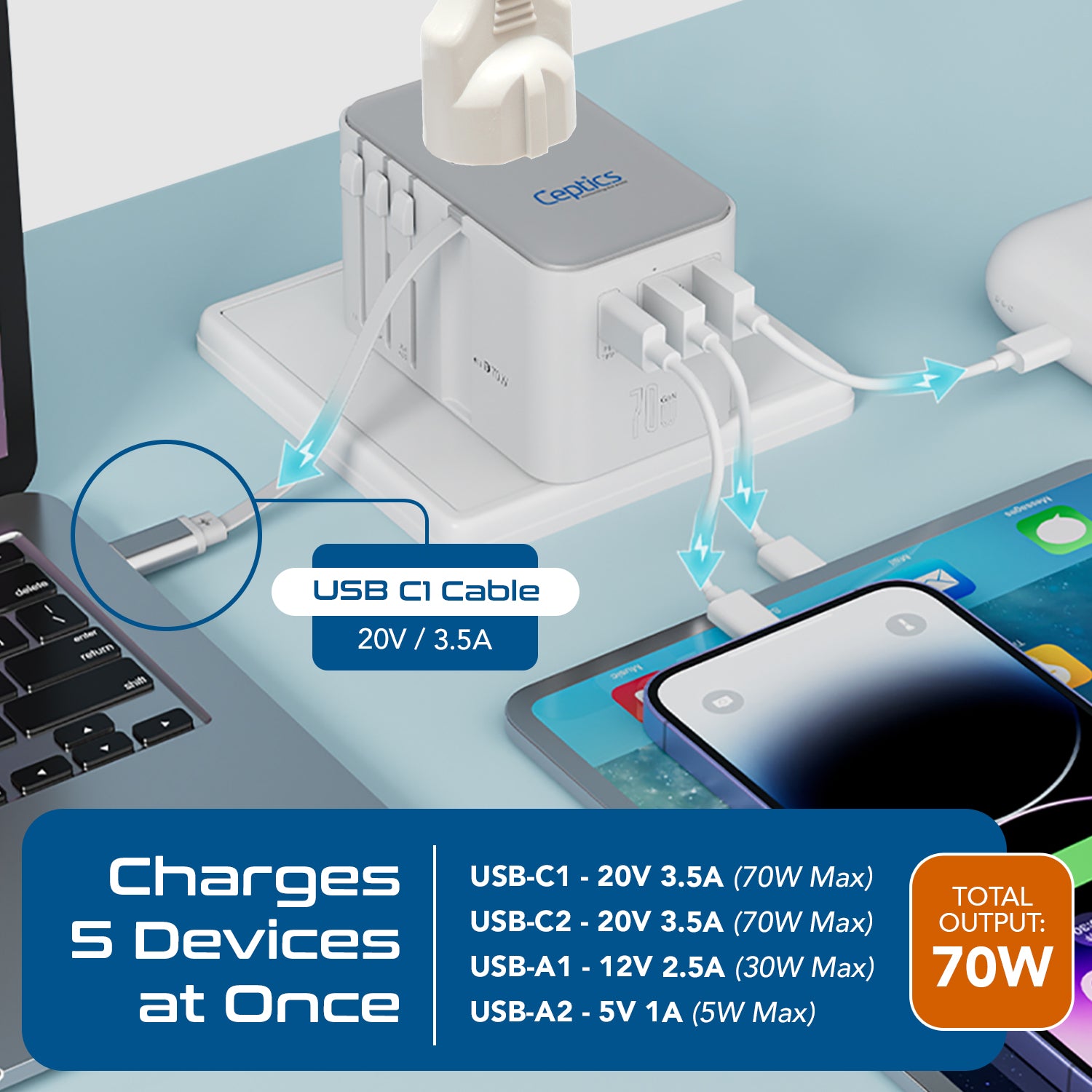 70W Universal Travel Adapter - 2 USB-C + 1 GaN 3.0 retractable cable, USB-C & 1 USB-C - UP-70WC-WH