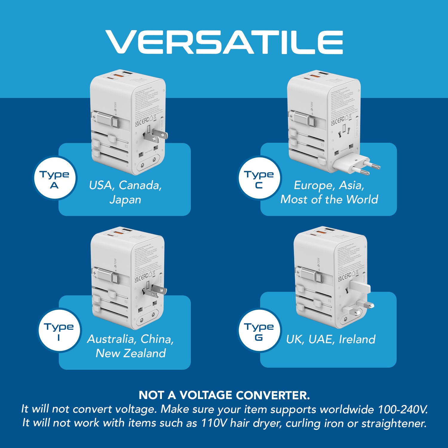 70W Universal Travel Adapter - 2 USB-C + 1 GaN 3.0 retractable cable, USB-C & 1 USB-C - UP-70WC-WH