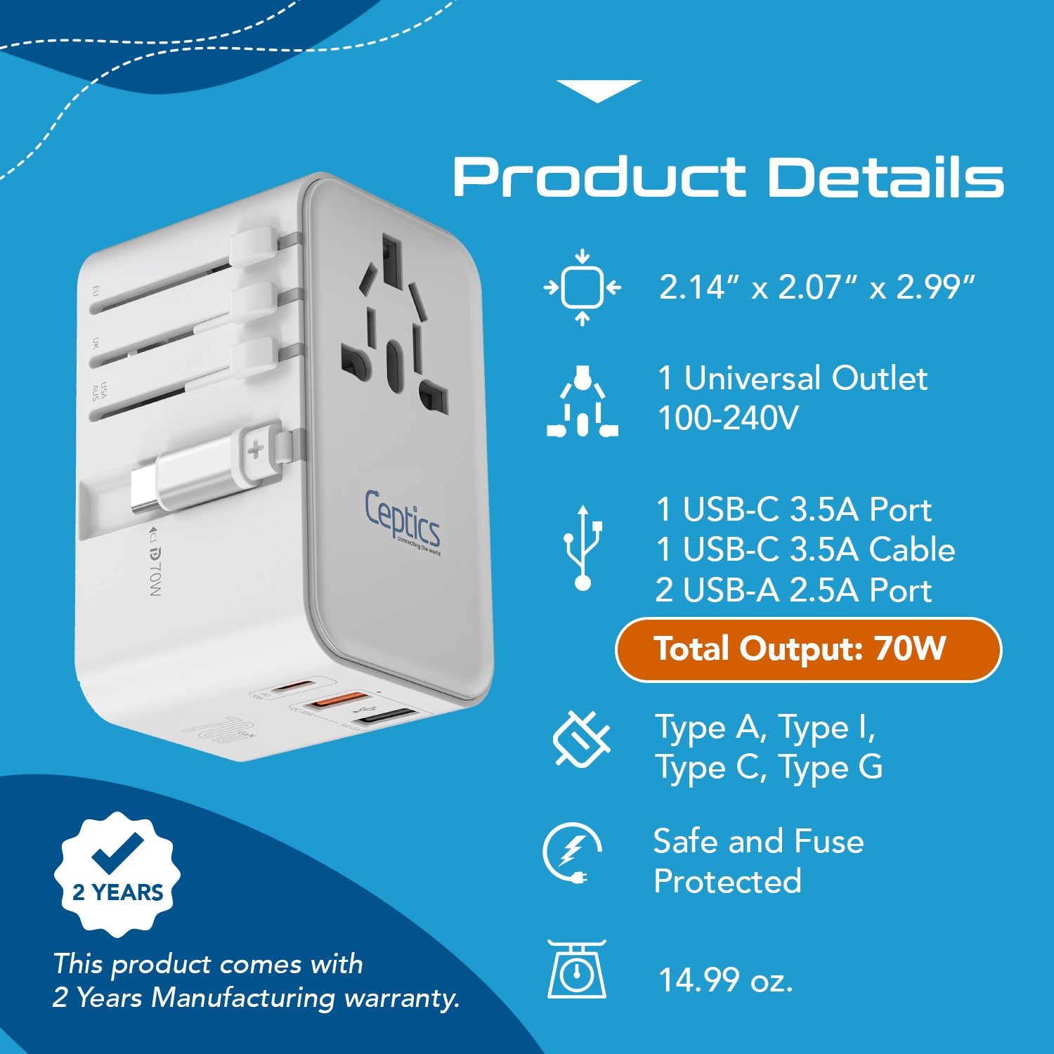 70W Universal Travel Adapter - 2 USB-C + 1 GaN 3.0 retractable cable, USB-C & 1 USB-C - UP-70WC-WH