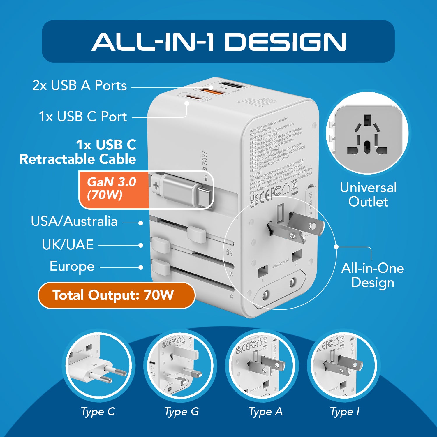 70W Universal Travel Adapter - 2 USB-C + 1 GaN 3.0 retractable cable, USB-C & 1 USB-C - UP-70WC-WH