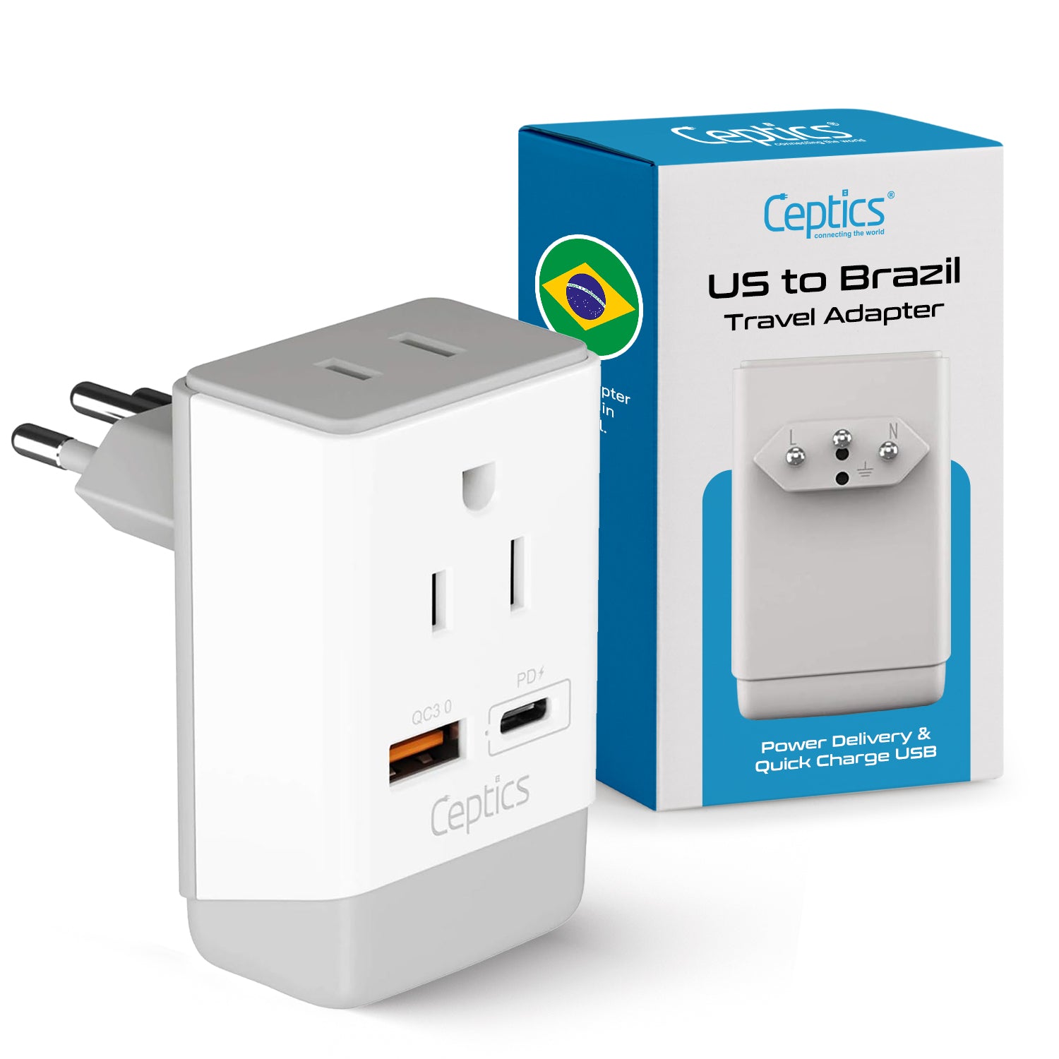 Brazil Travel Adapter | Type N - USB-A & USB-C Ports + 2 USA Outlet (AP-11C)