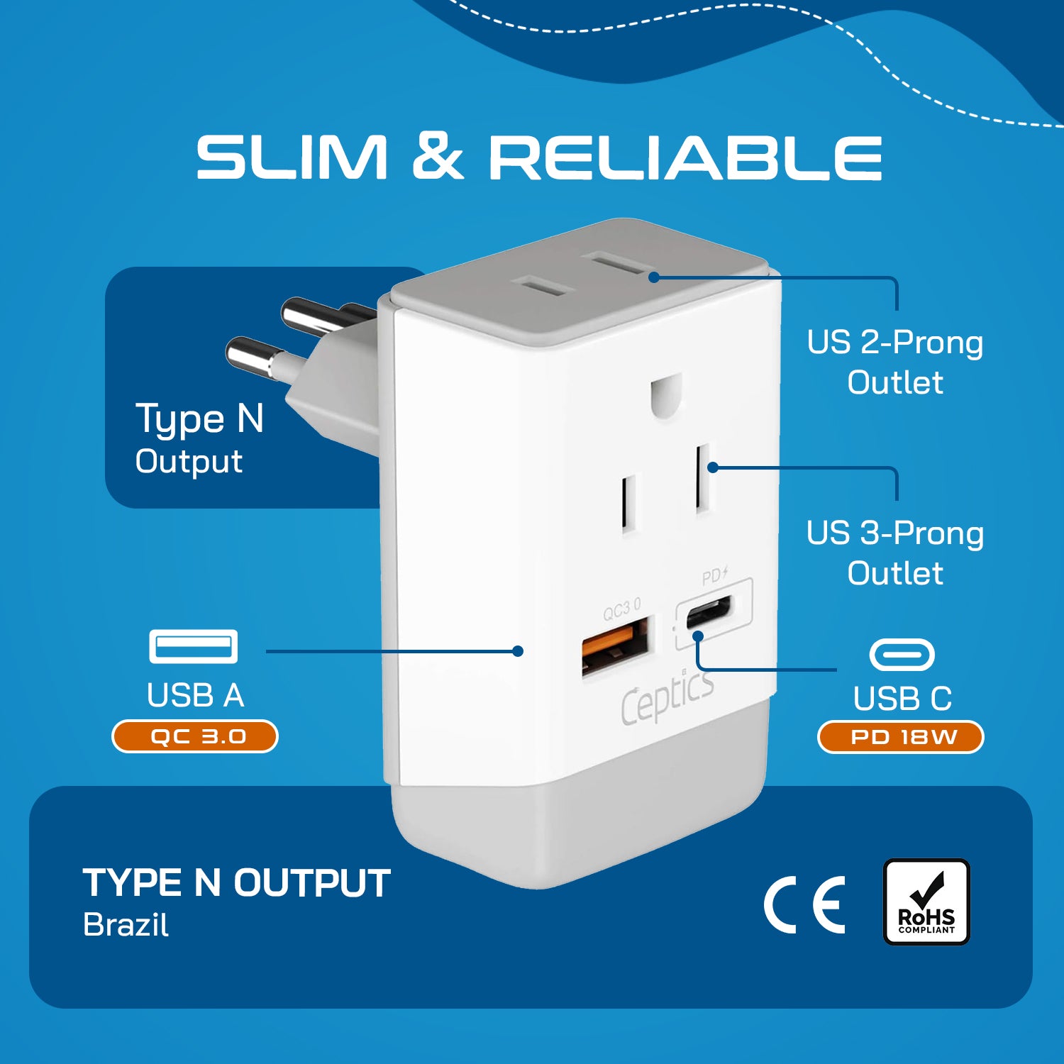 Brazil Travel Adapter | Type N - USB-A & USB-C Ports + 2 USA Outlet (AP-11C)