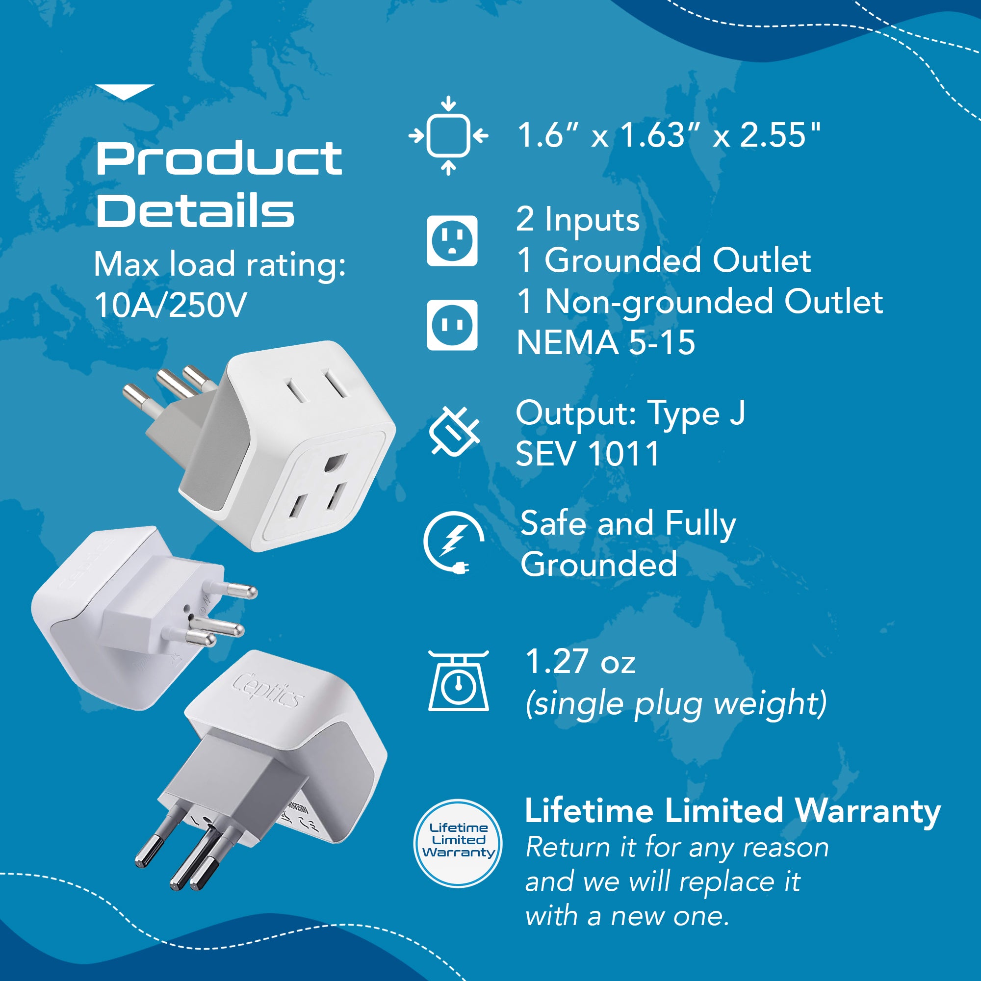 Switzerland Travel Adapter - Type J - Ultra Compact (CT-11A, 3 Pack)